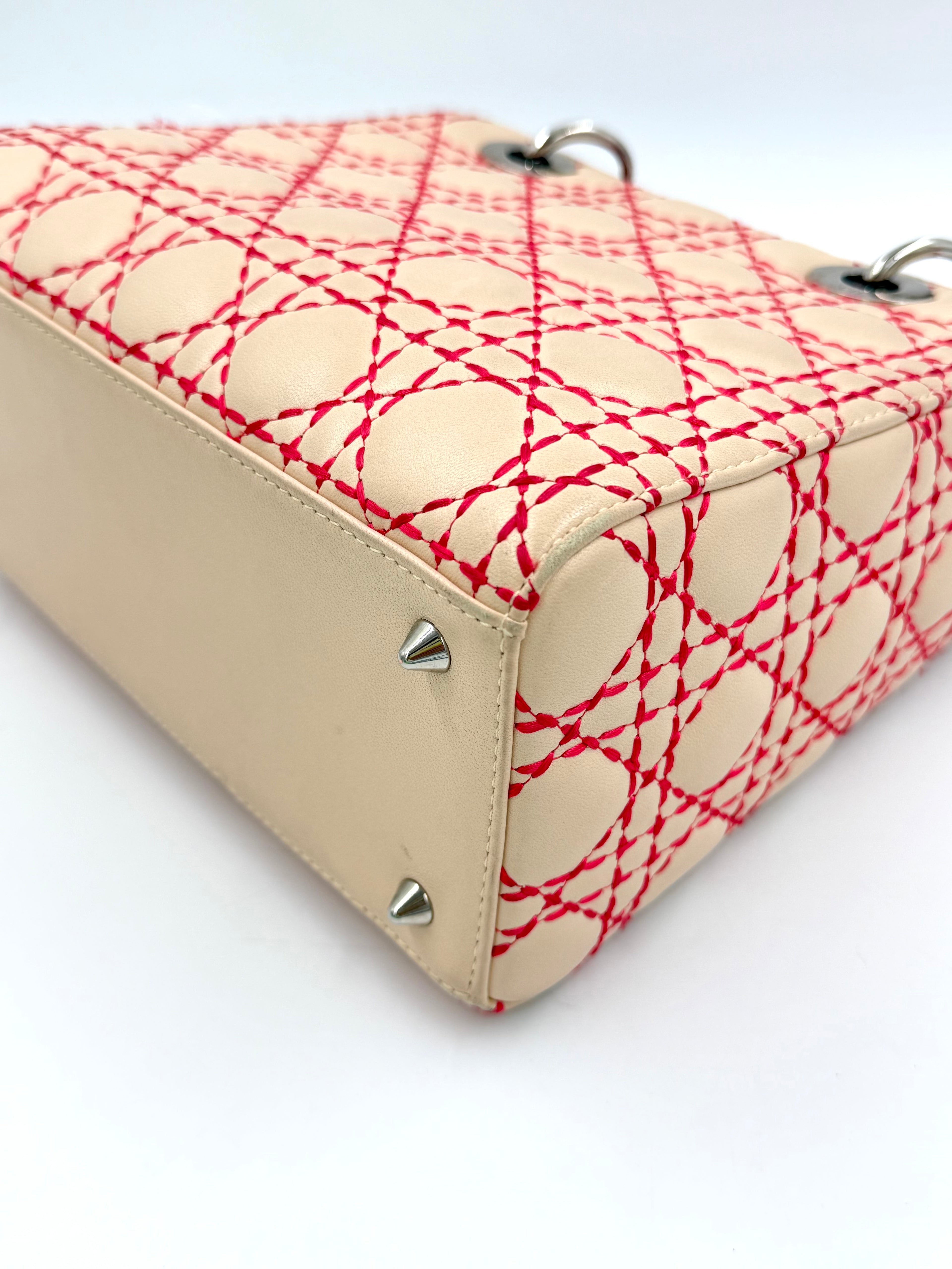 Pre-owned Christian Dior Medium Lady Dior Beige Patent Orange Handles Coral Stitching - Authenticated