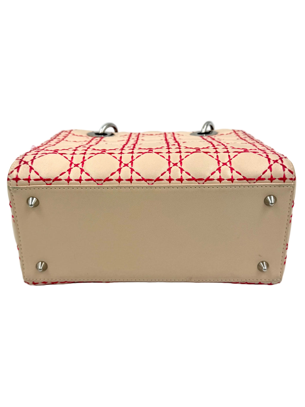 Pre-owned Christian Dior Medium Lady Dior Beige Patent Orange Handles Coral Stitching - Authenticated