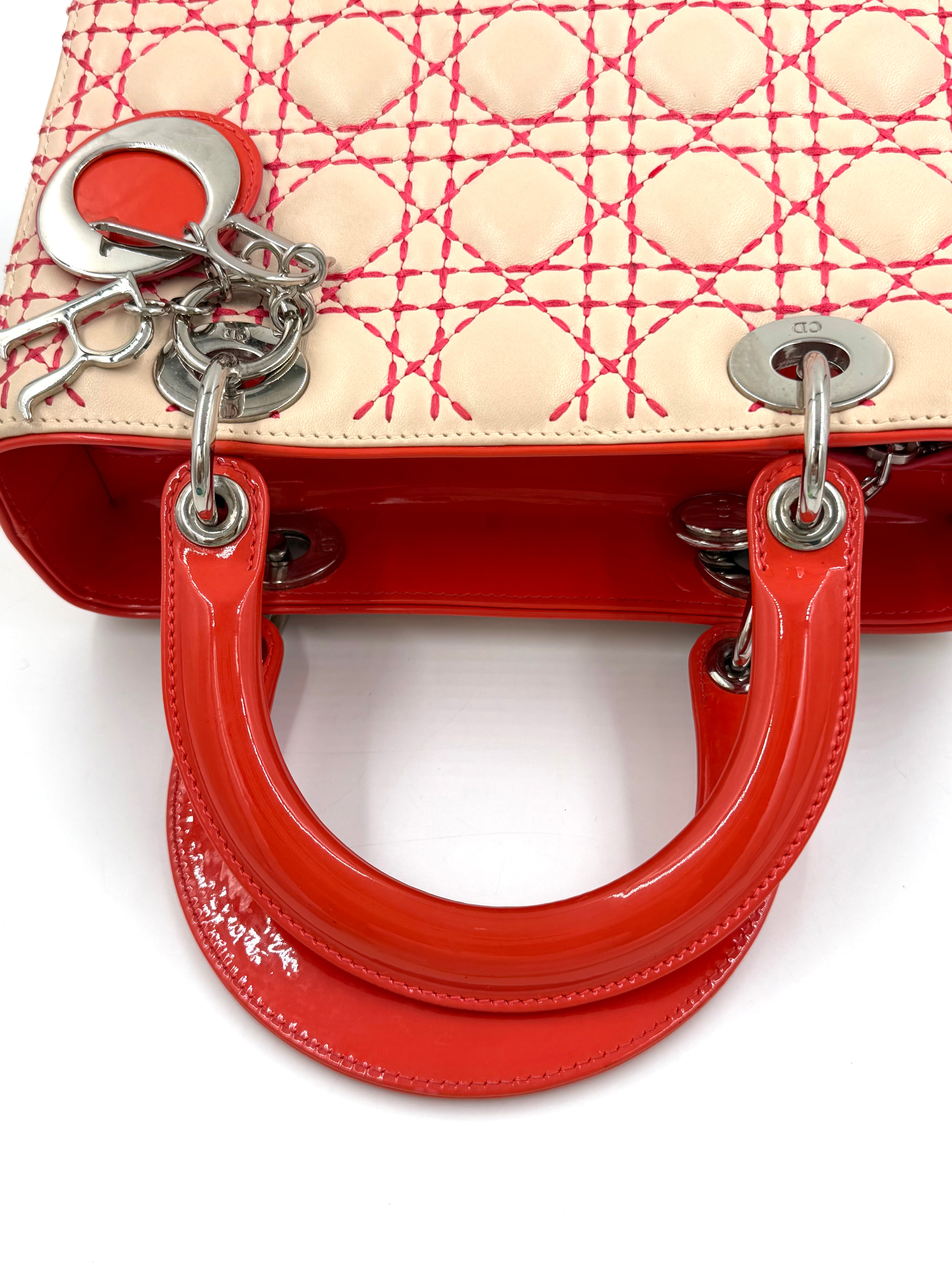 Pre-owned Christian Dior Medium Lady Dior Beige Patent Orange Handles Coral Stitching - Authenticated