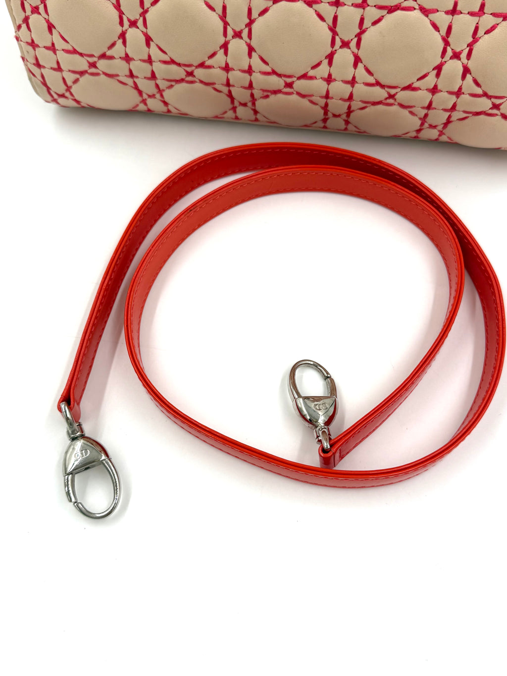 Pre-owned Christian Dior Medium Lady Dior Beige Patent Orange Handles Coral Stitching - Authenticated