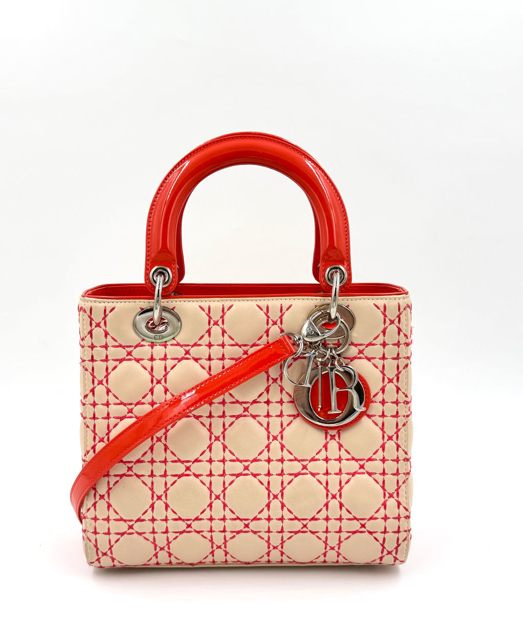 Pre-owned Christian Dior Medium Lady Dior Beige Patent Orange Handles Coral Stitching - Authenticated
