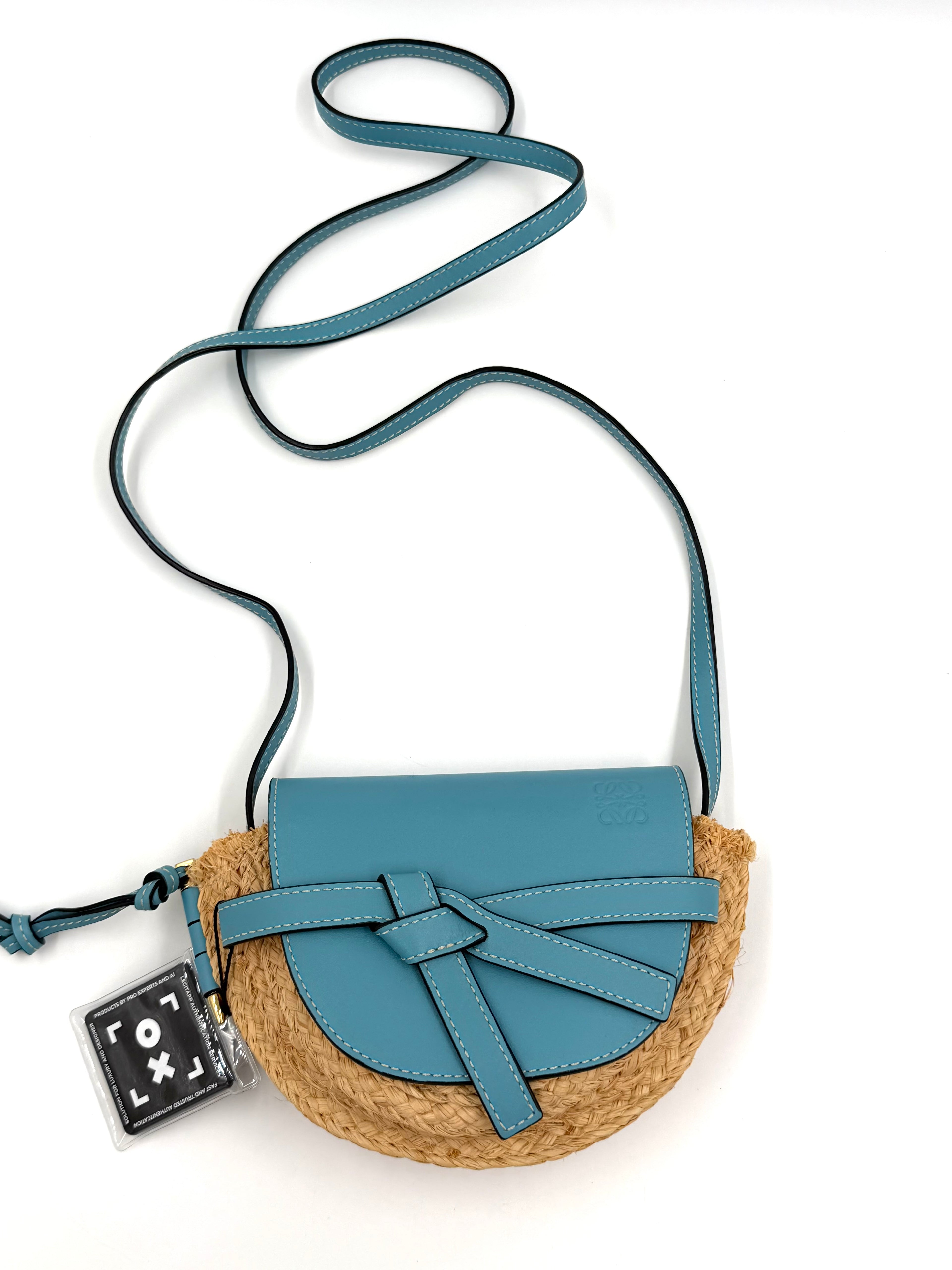 Pre-owned Loewe Mini Gate Dual Bag Light Blue Leather Raffia - Authenticated