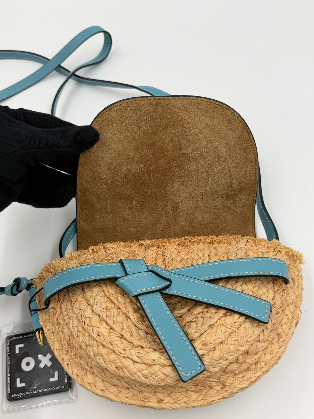 Pre-owned Loewe Mini Gate Dual Bag Light Blue Leather Raffia - Authenticated