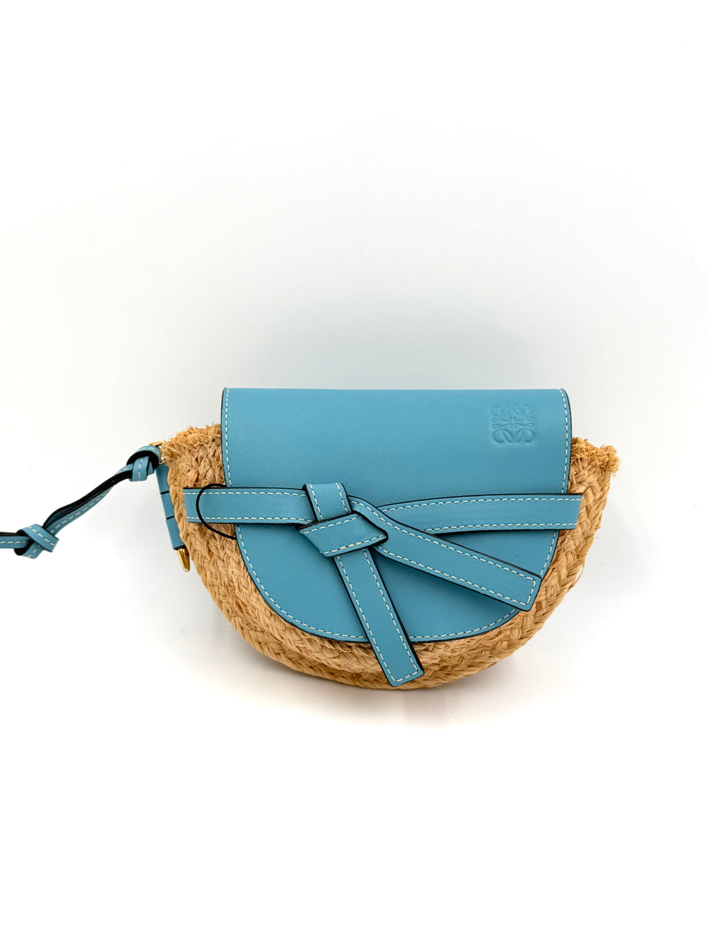 Pre-owned Loewe Mini Gate Dual Bag Light Blue Leather Raffia - Authenticated