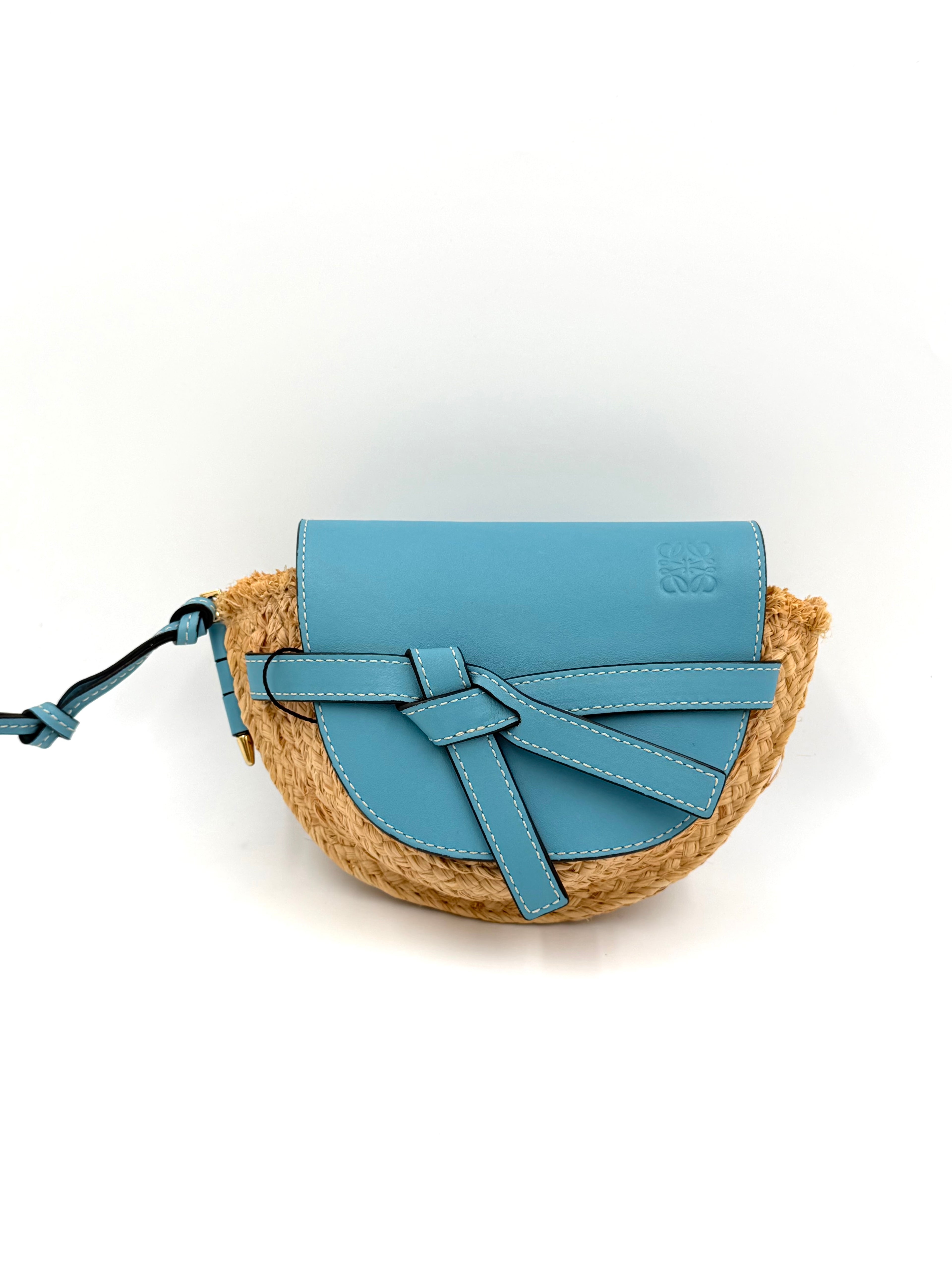 Pre-owned Loewe Mini Gate Dual Bag Light Blue Leather Raffia - Authenticated