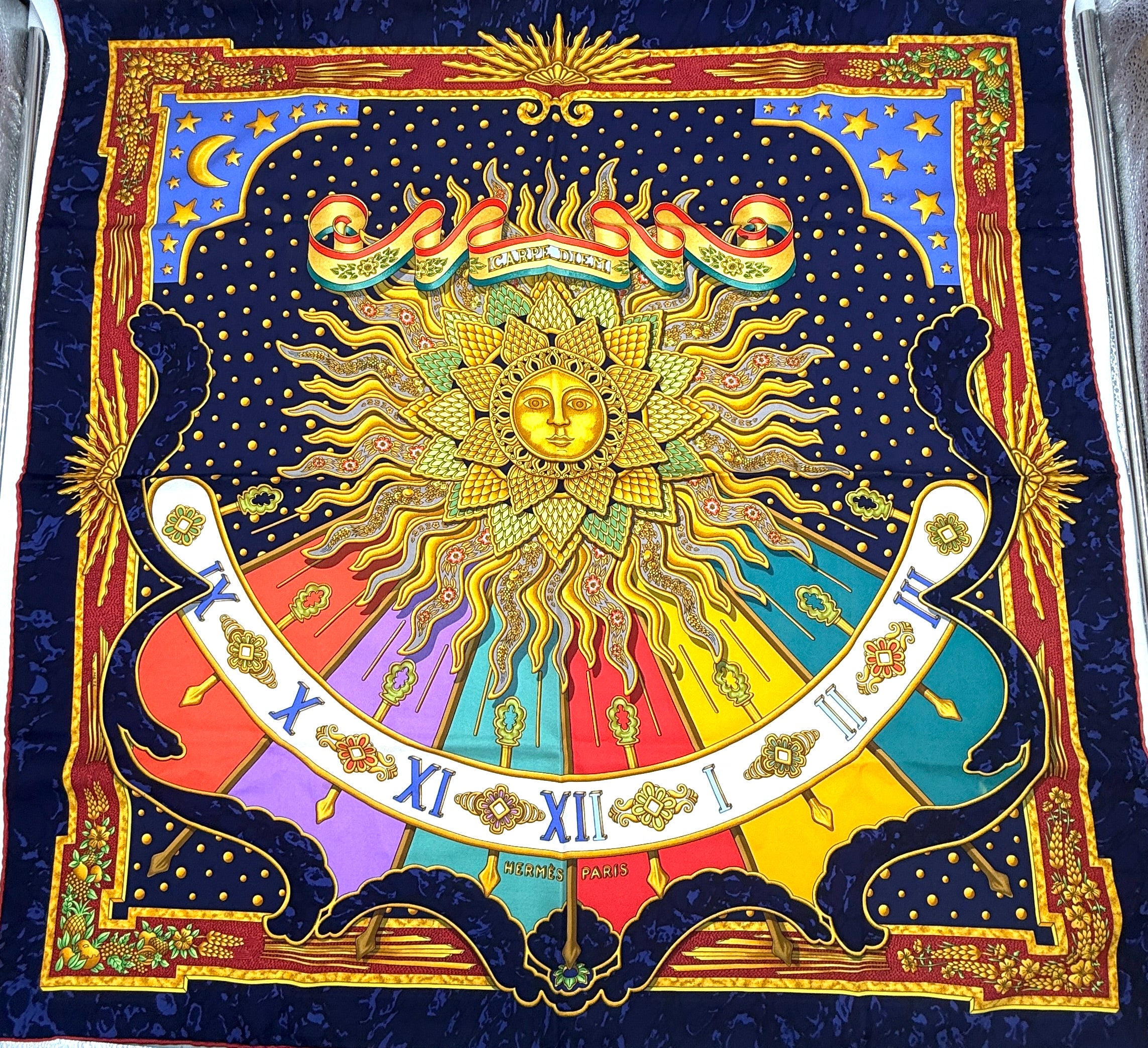 Pre-Owned Hermès Vintage Silk Scarf "Carpe Diem" by Joachim Metz - Authenticated