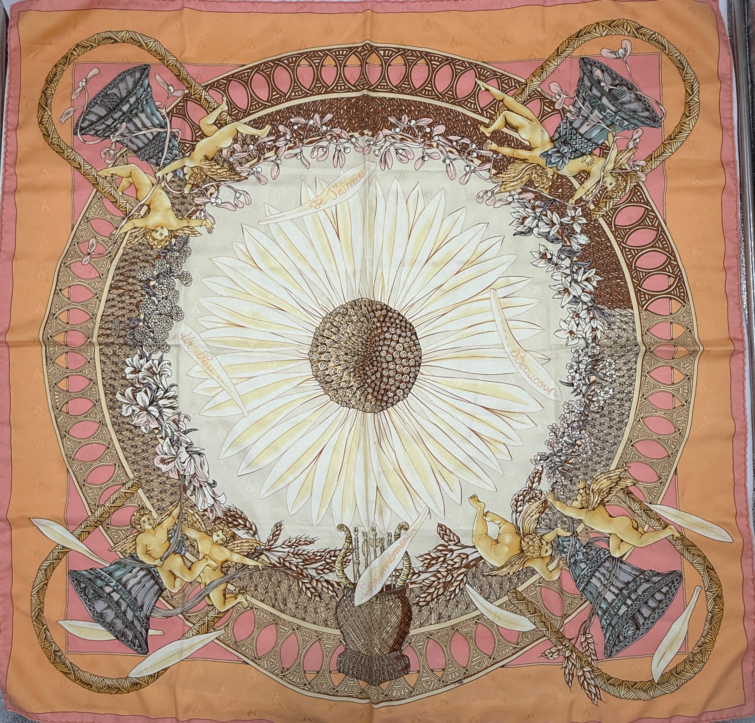 Pre-Owned Hermes Silk Jacquard  Le Carre Scarf "Amours" by Annie Faivre - Authenticated