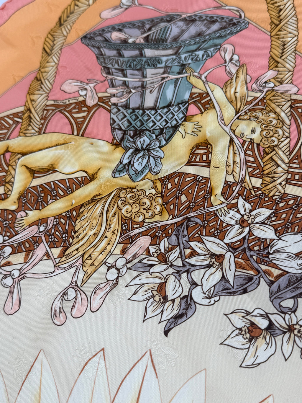 Pre-Owned Hermes Silk Jacquard  Le Carre Scarf "Amours" by Annie Faivre