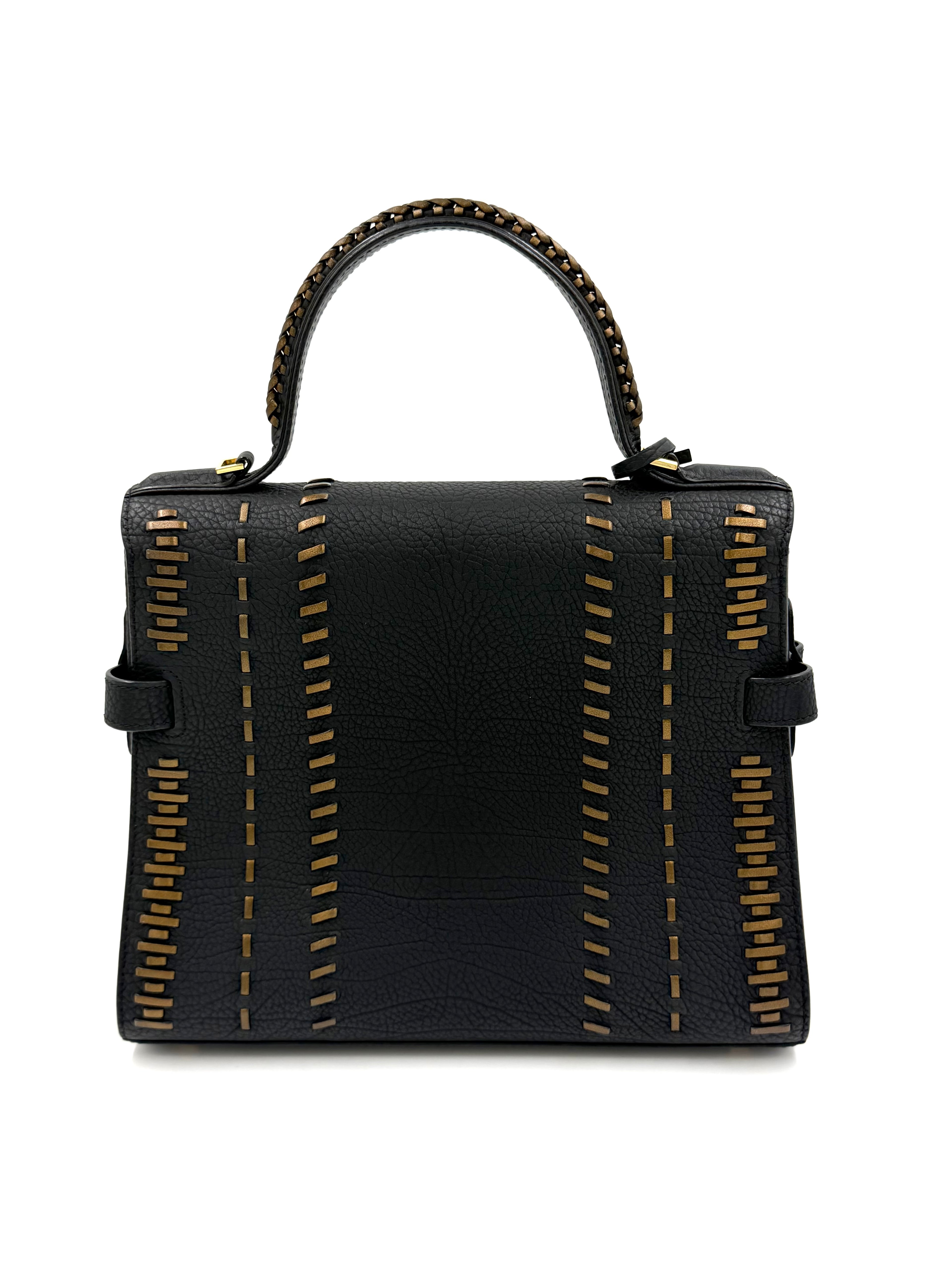 Pre-owned Delvaux Tempête MM Handbag Black Leather Bronze Stitching - Authenticated