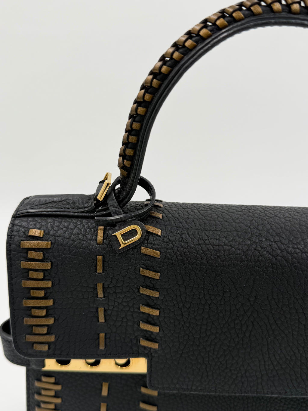 Pre-owned Delvaux Tempête MM Handbag Black Leather Bronze Stitching - Authenticated