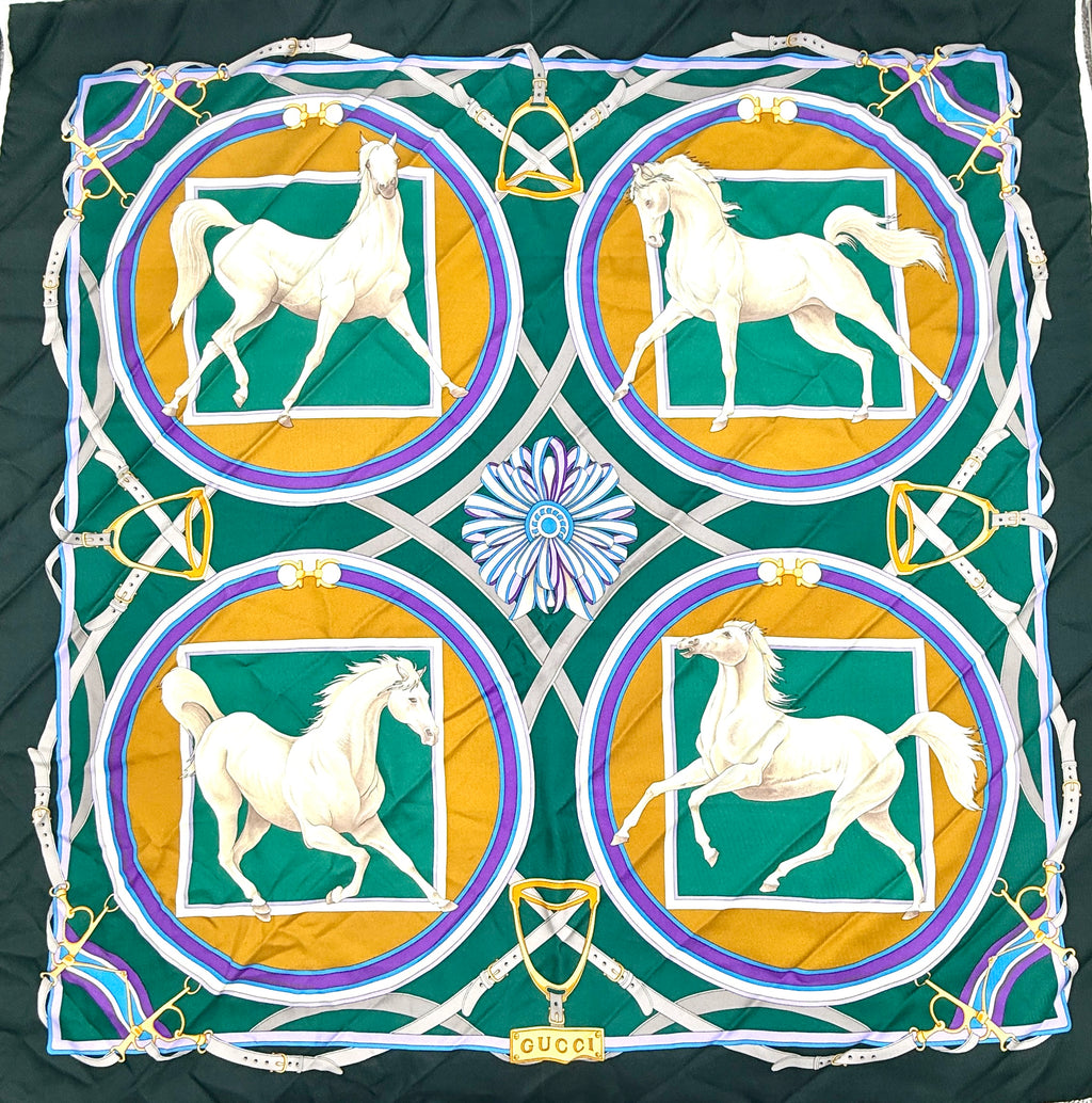 Pre-Owned Gucci Silk Scarf Equestrian Print White Stallions