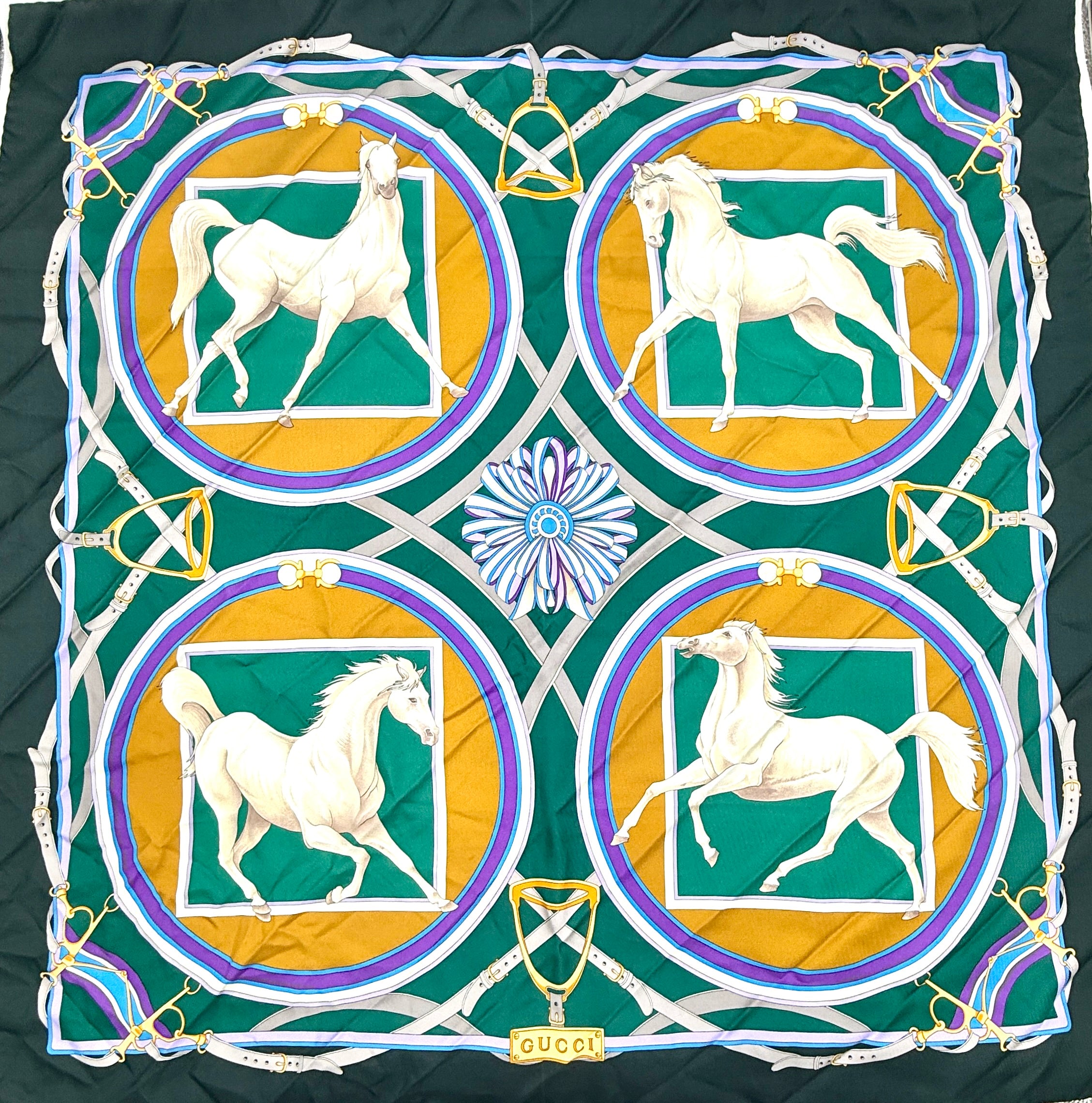 Pre-Owned Gucci Silk Scarf Equestrian Print White Stallions - Authenticated
