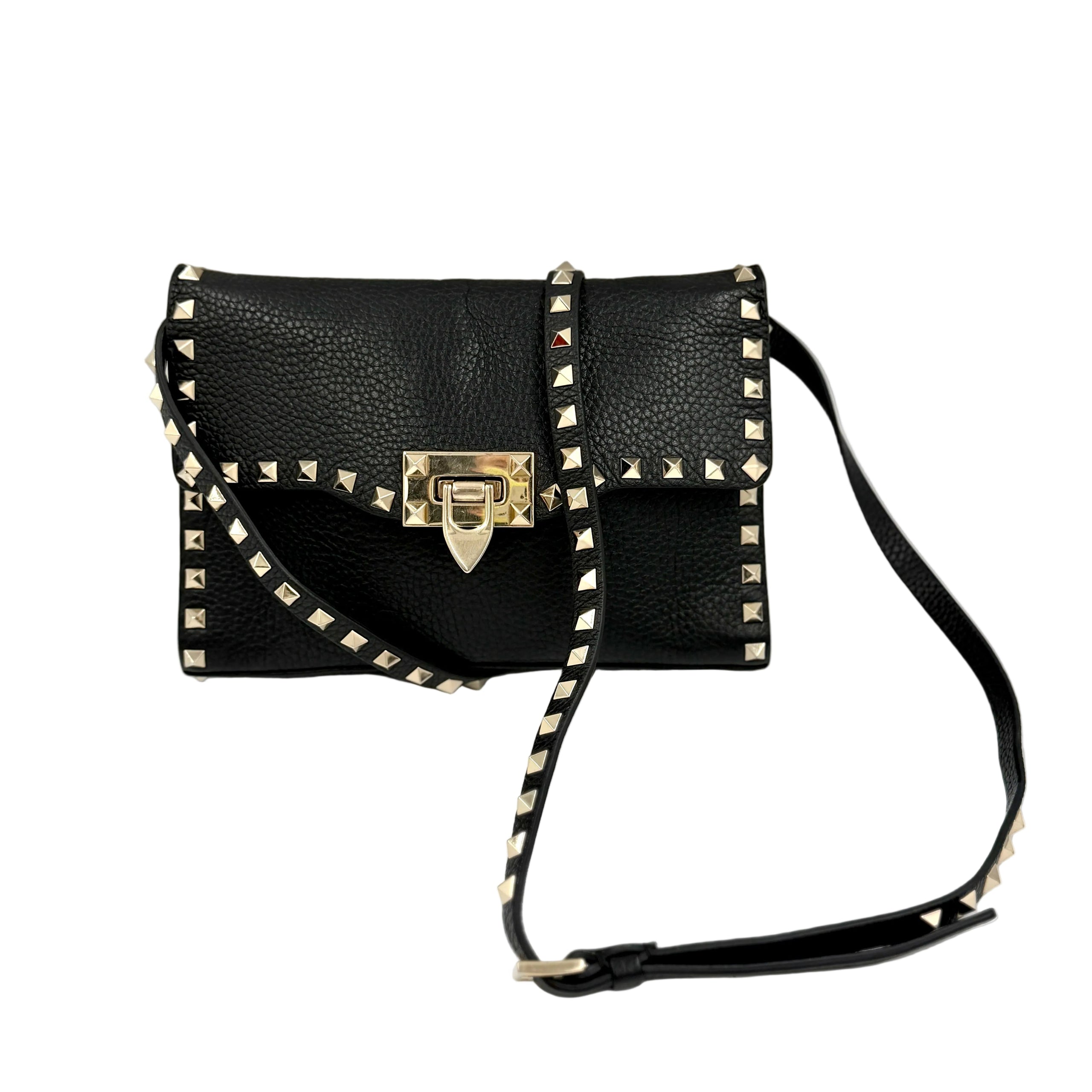 Pre-Owned Valentino Garavani Rockstud Black Pebbled Leather Crossbody Bag - Authenticated