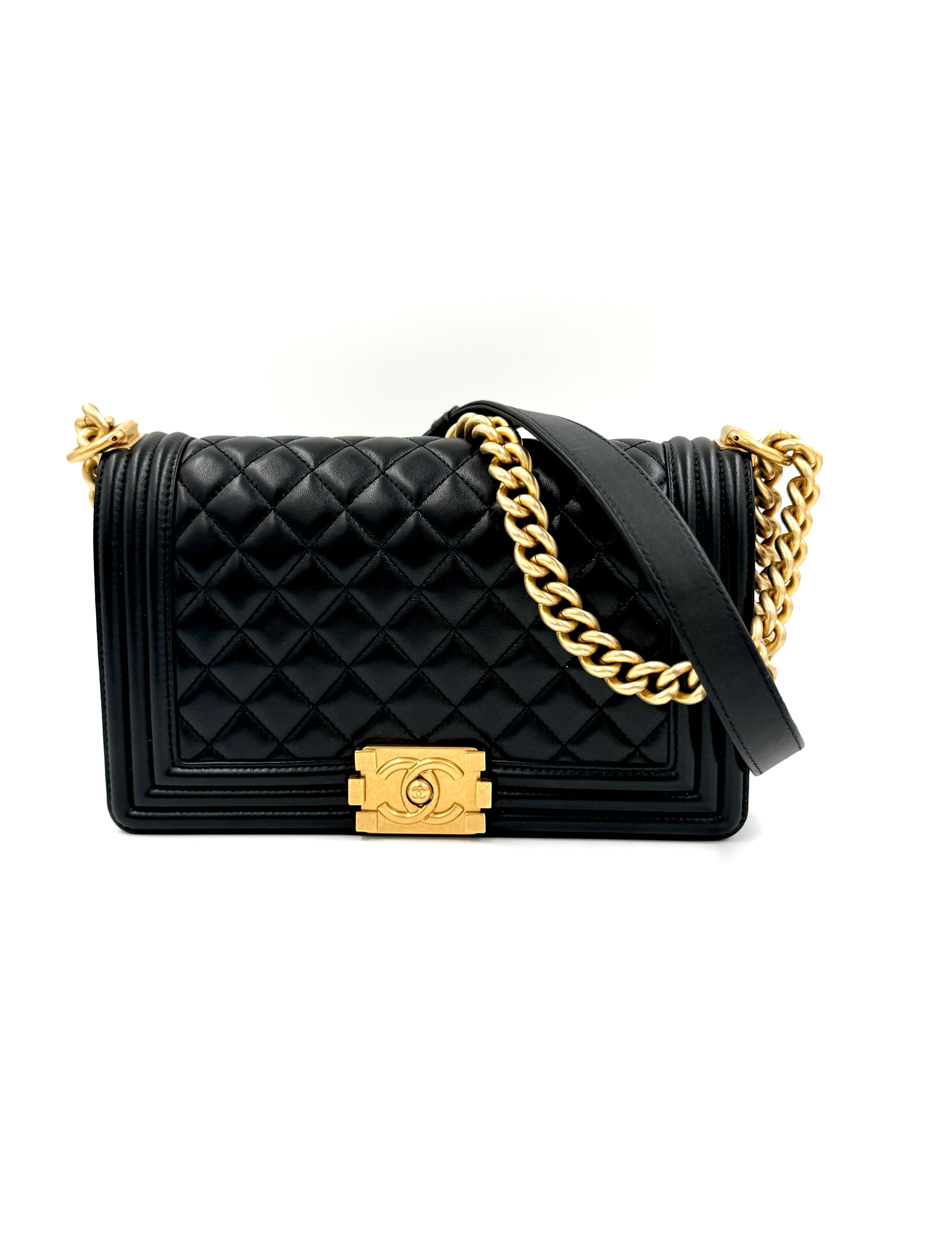 Pre-Owned Chanel Black Lambskin Old Medium Boy Bag Gold Hardware - Authenticated