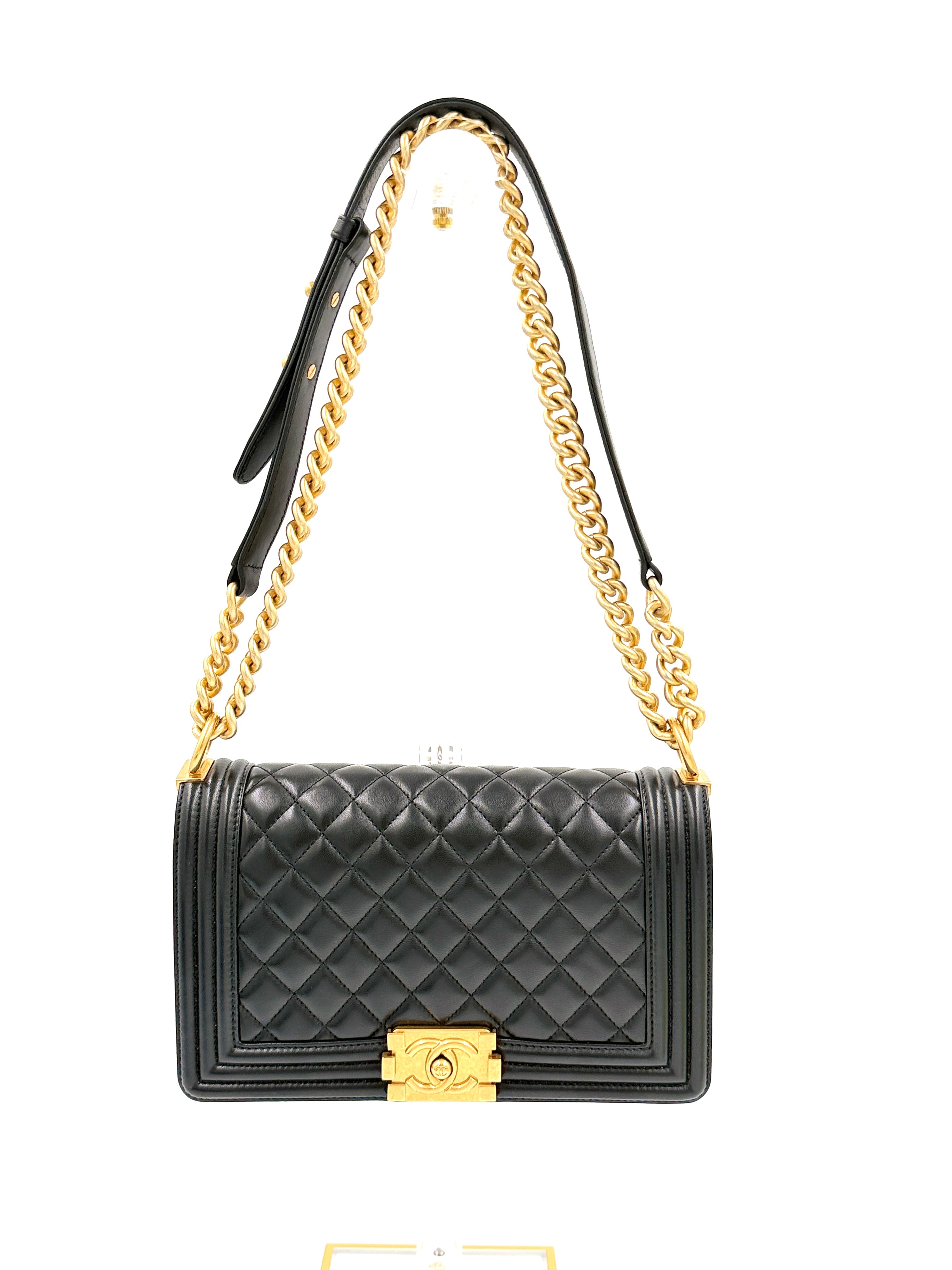Pre-Owned Chanel Black Lambskin Old Medium Boy Bag Gold Hardware - Authenticated