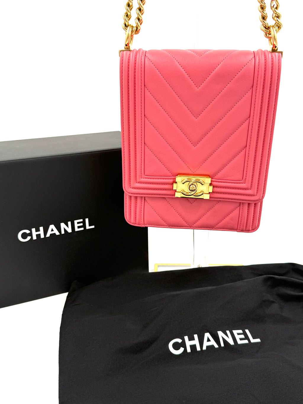 Pre-owned Chanel Pink Chevron Quilted Lambskin North/South Boy Bag - Authenticated