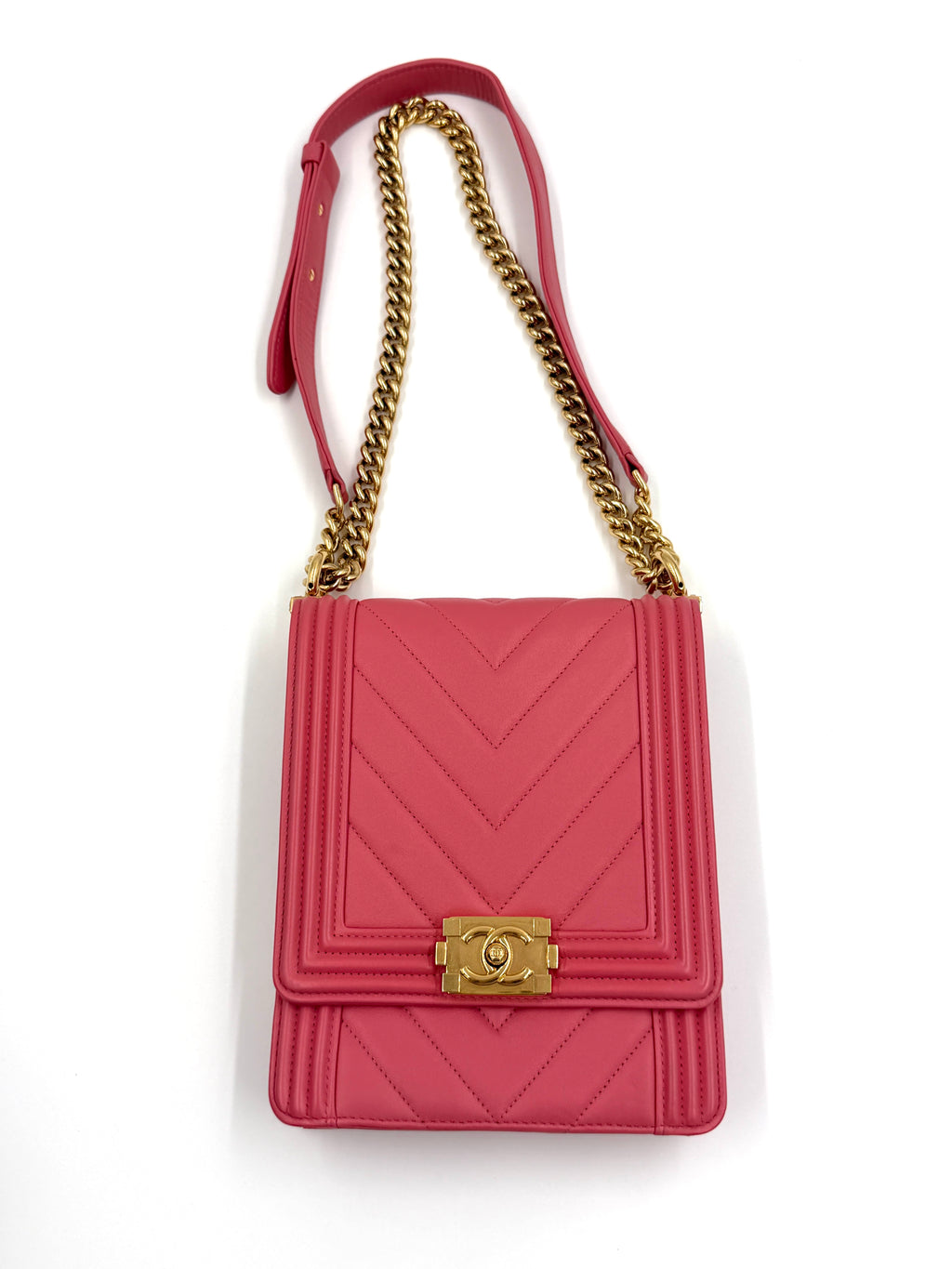 Pre-owned Chanel Pink Chevron Quilted Lambskin North/South Boy Bag - Authenticated