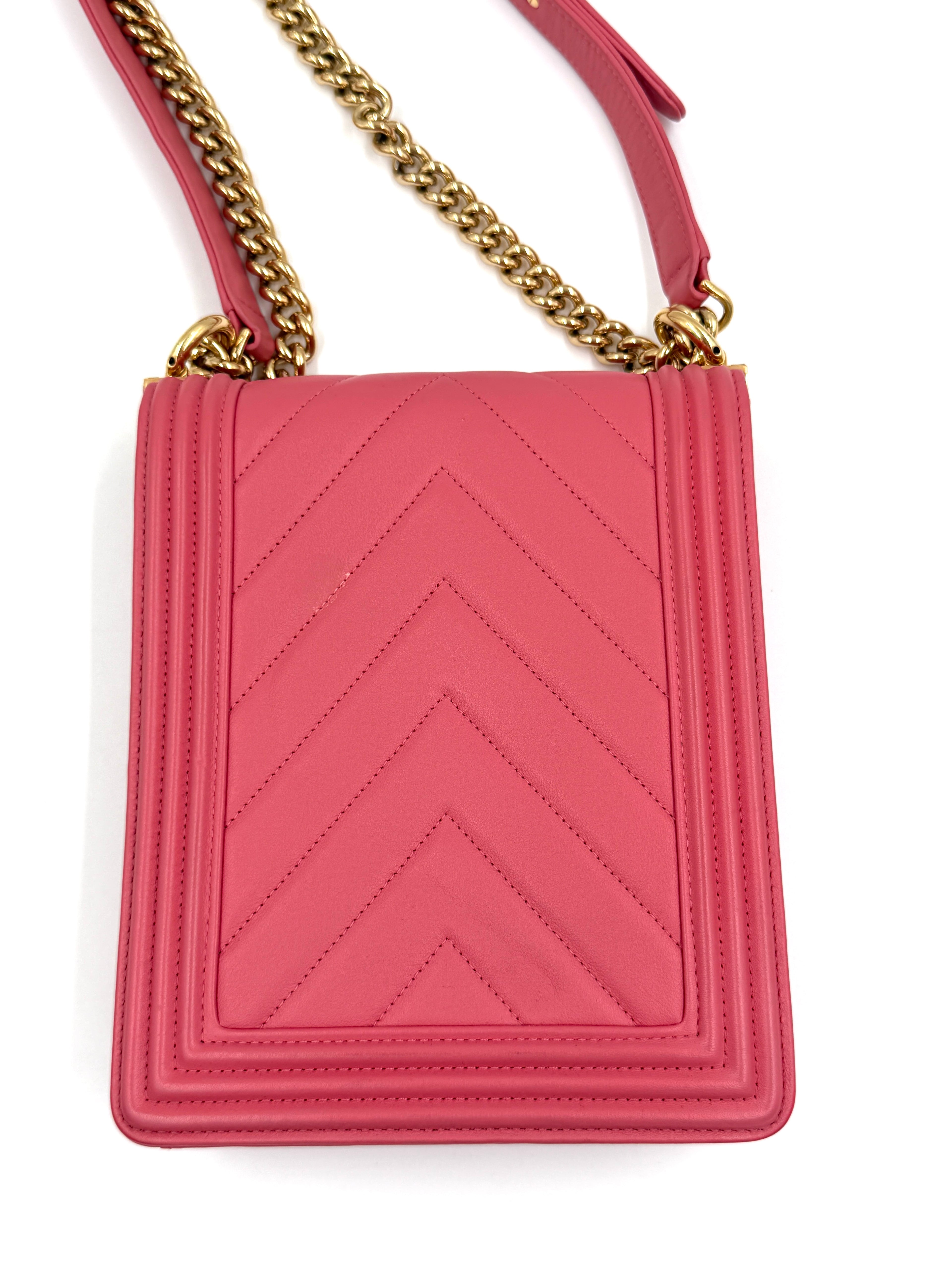 Pre-owned Chanel Pink Chevron Quilted Lambskin North/South Boy Bag - Authenticated