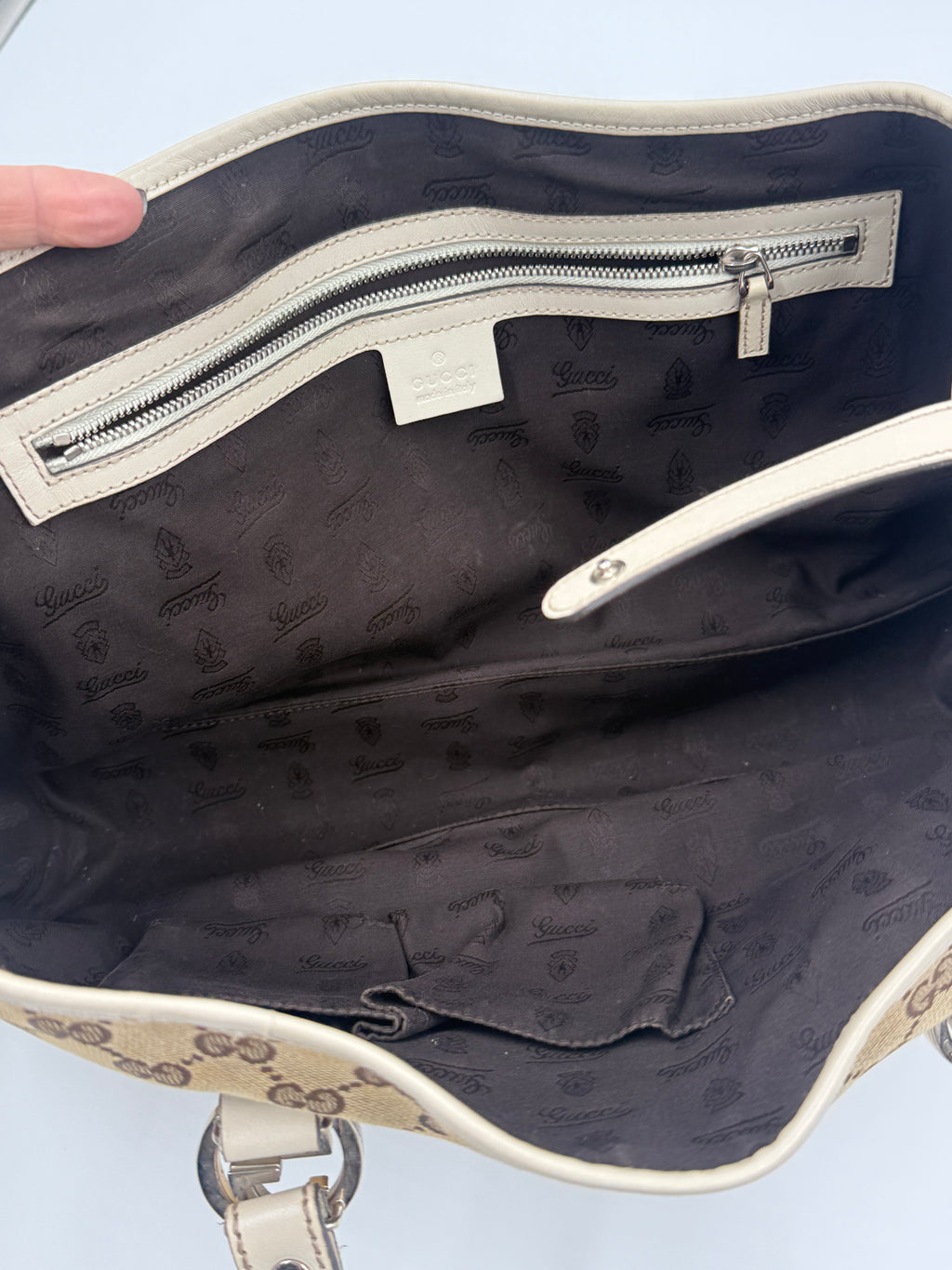 Pre-Owned Gucci GG Canvas Twins Tote White Leather Trim Gold-tone and Silver-tone Interlocking G Logos - Authenticated