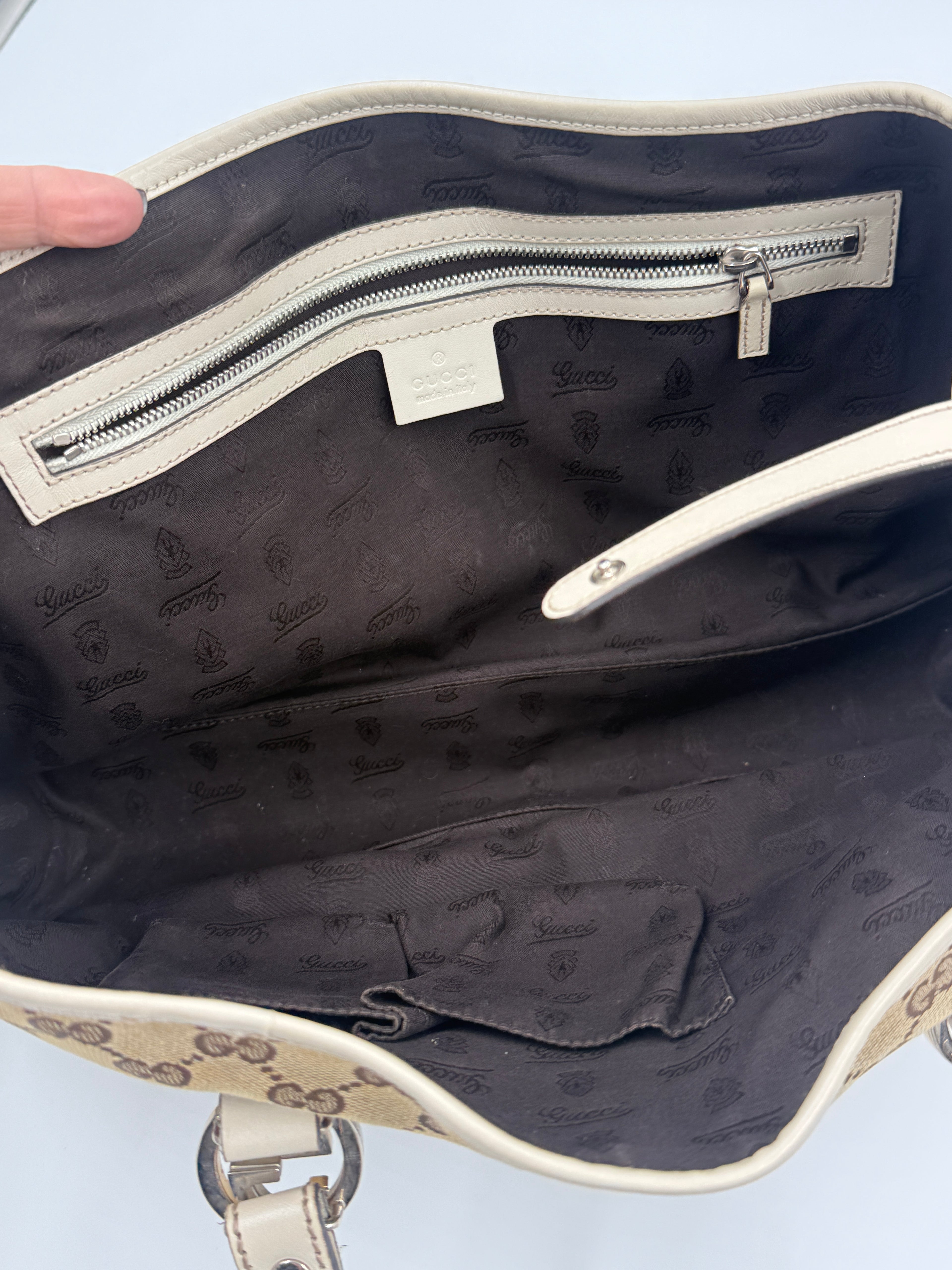 Pre-Owned Gucci GG Canvas Twins Tote White Leather Trim Gold-tone and Silver-tone Interlocking G Logos - Authenticated