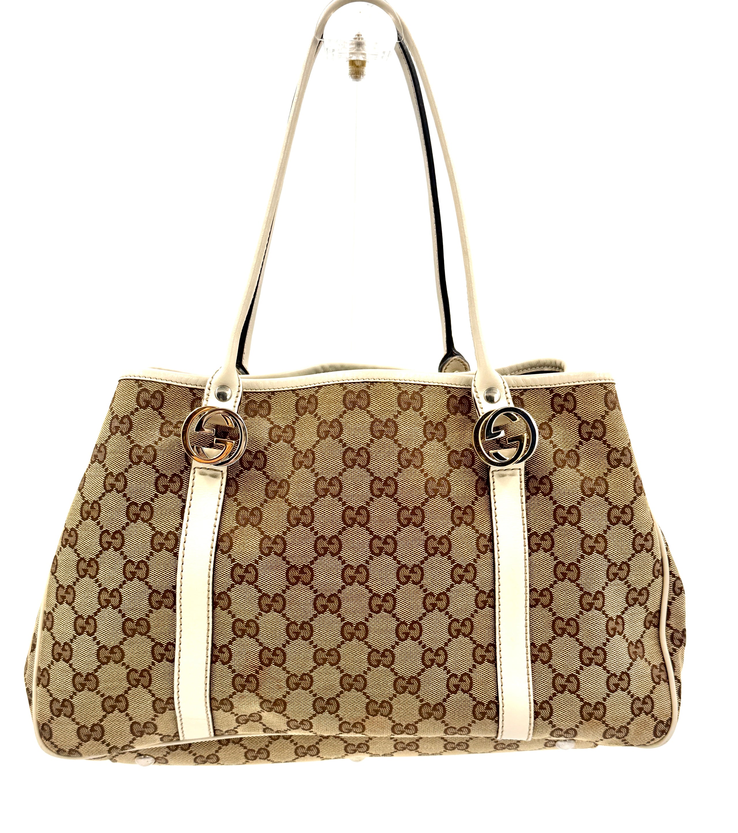 Pre-Owned Gucci GG Canvas Twins Tote White Leather Trim Gold-tone and Silver-tone Interlocking G Logos - Authenticated