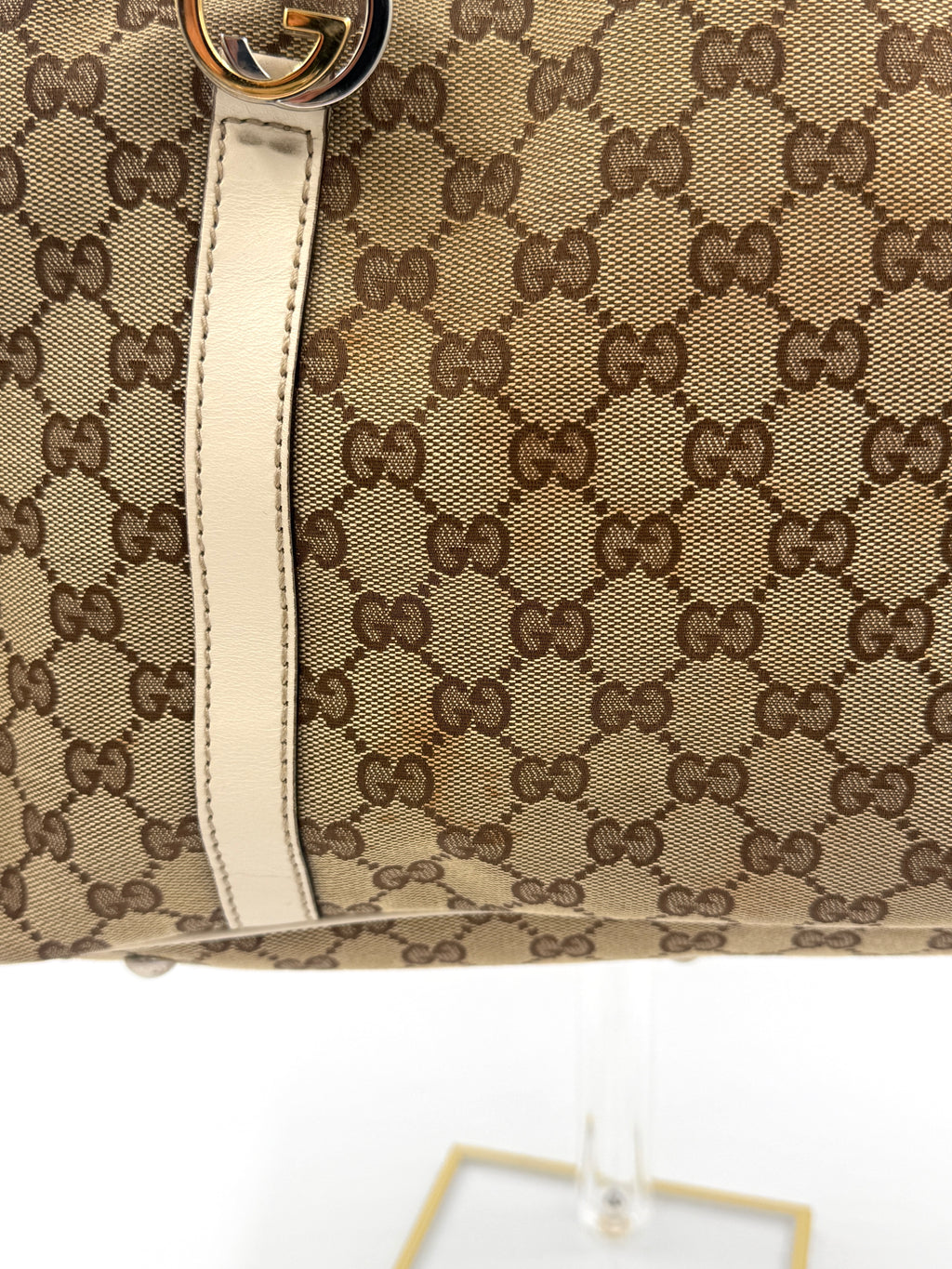 Pre-Owned Gucci GG Canvas Twins Tote White Leather Trim Gold-tone and Silver-tone Interlocking G Logos - Authenticated