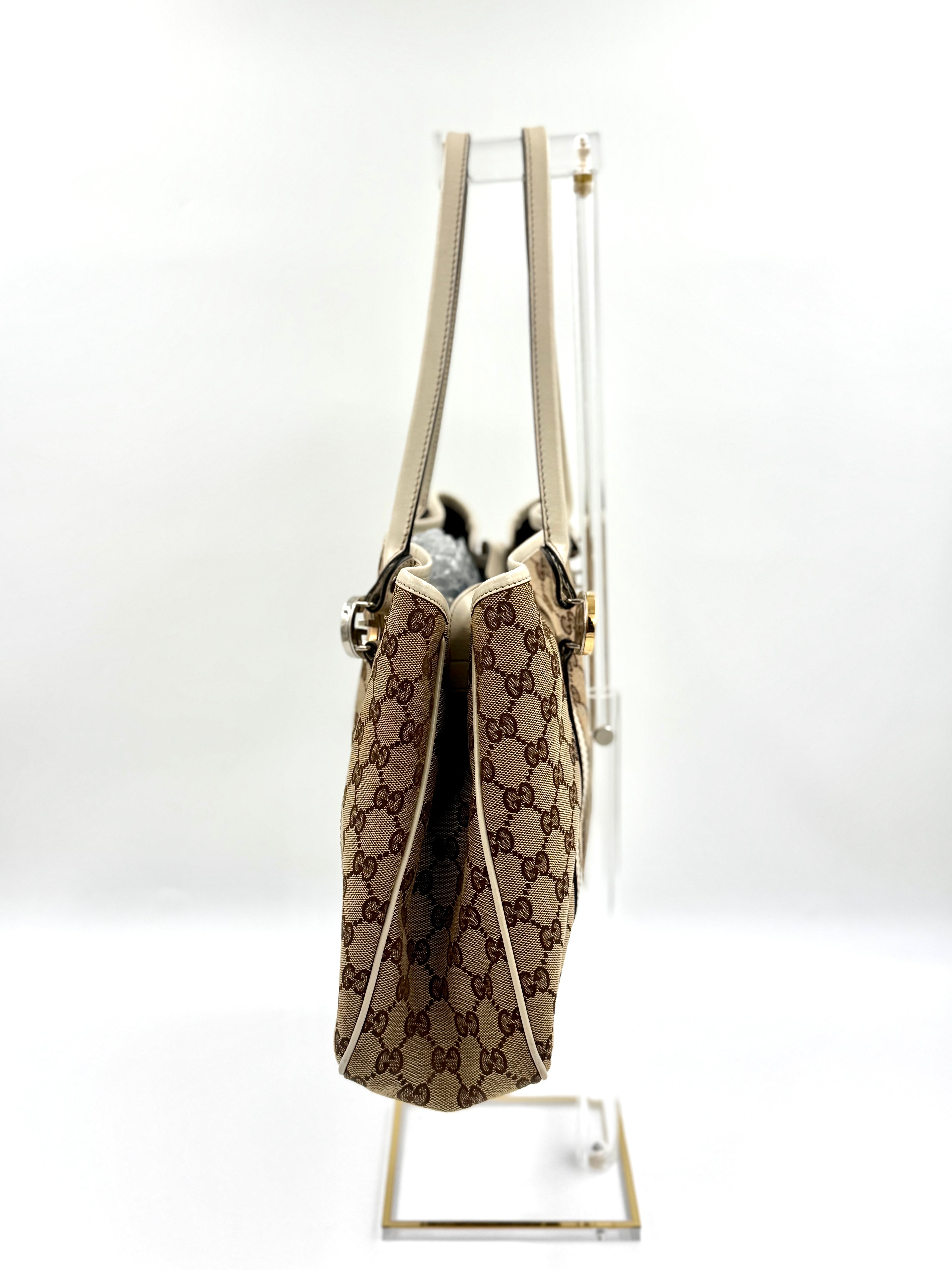 Pre-Owned Gucci GG Canvas Twins Tote White Leather Trim Gold-tone and Silver-tone Interlocking G Logos - Authenticated