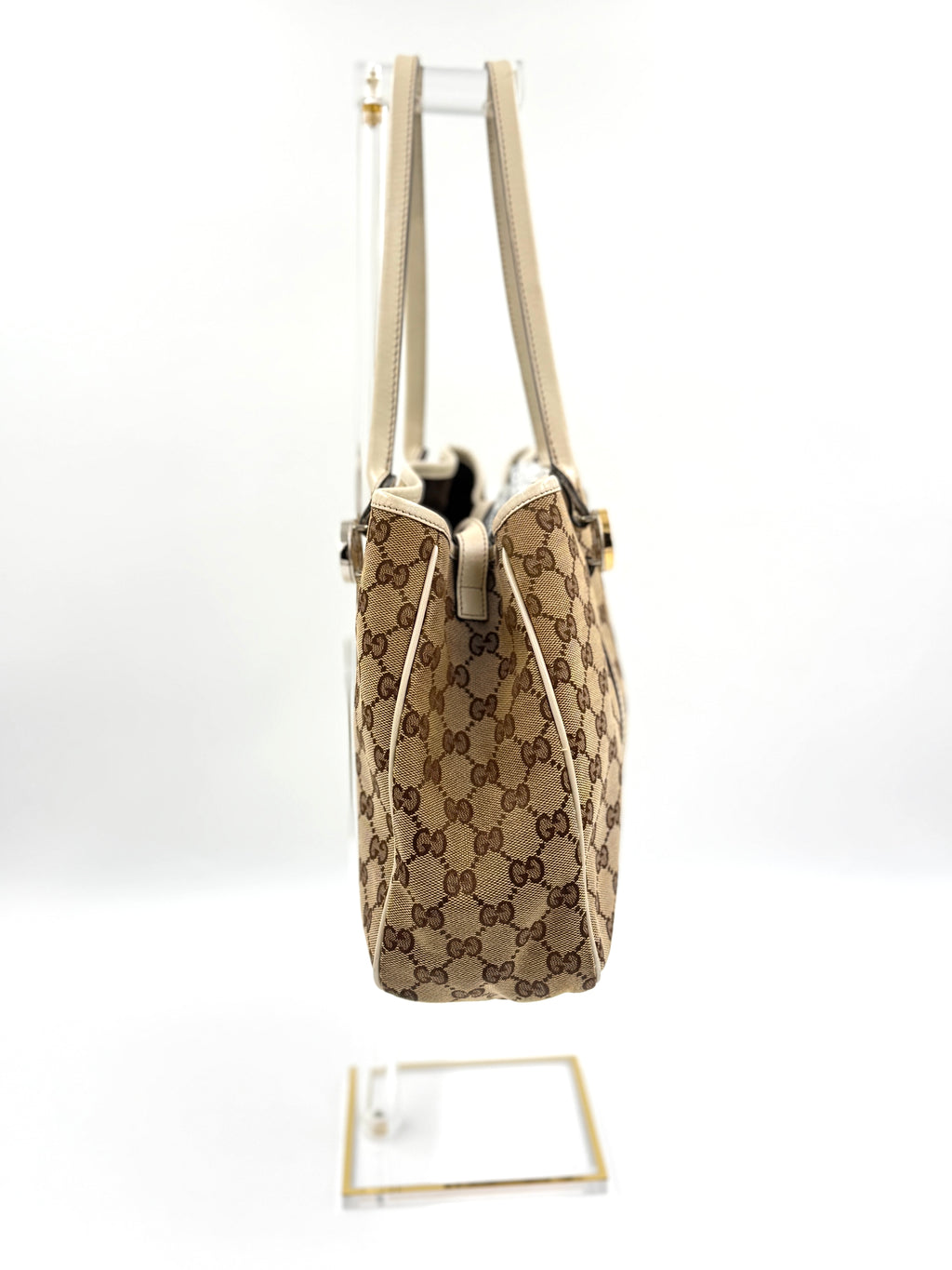 Pre-Owned Gucci GG Canvas Twins Tote White Leather Trim Gold-tone and Silver-tone Interlocking G Logos - Authenticated