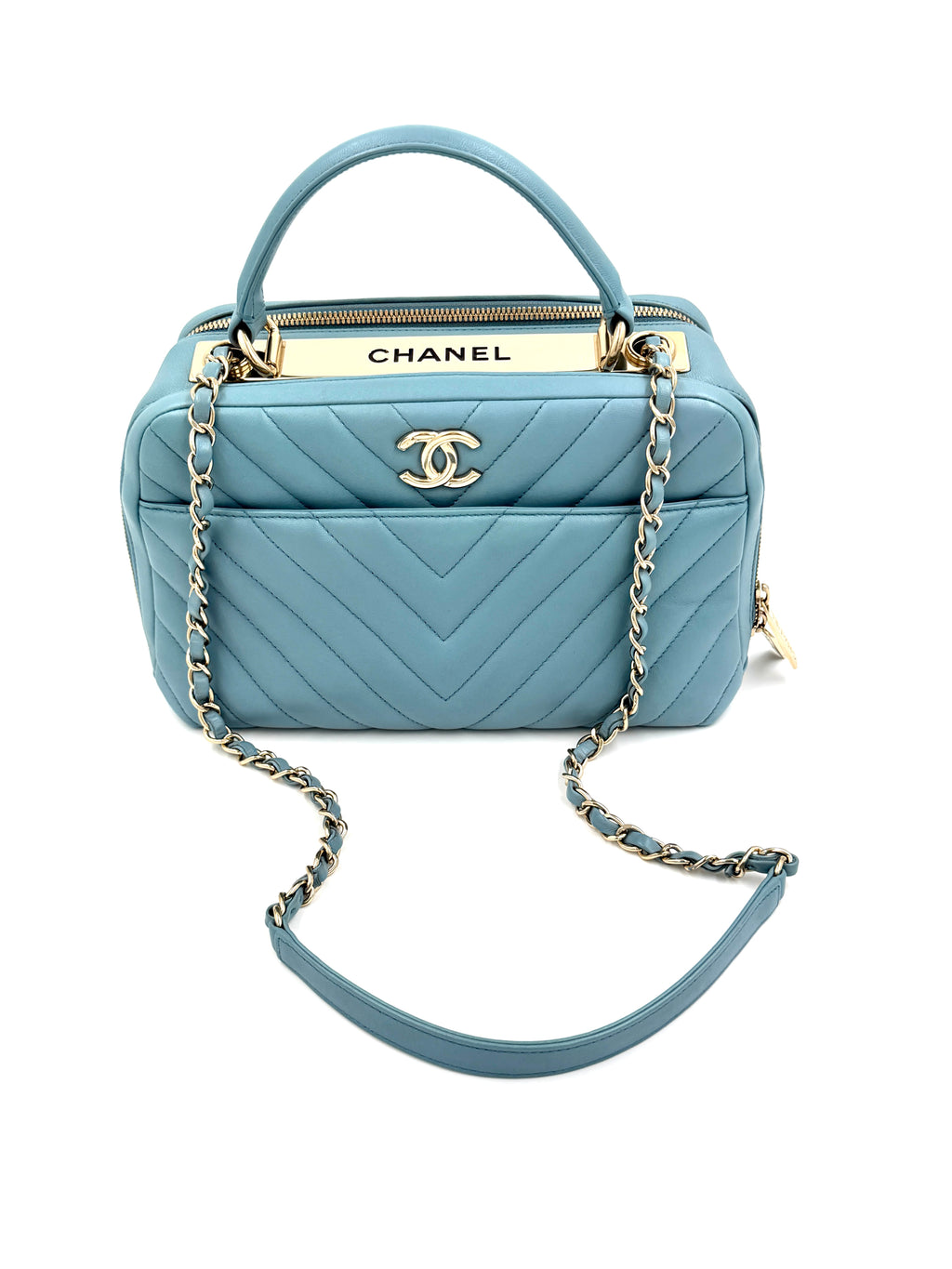 Pre-owned Chanel Trendy CC Bowling Bag Blue Chevron Quilted Lambskin - Authenticated
