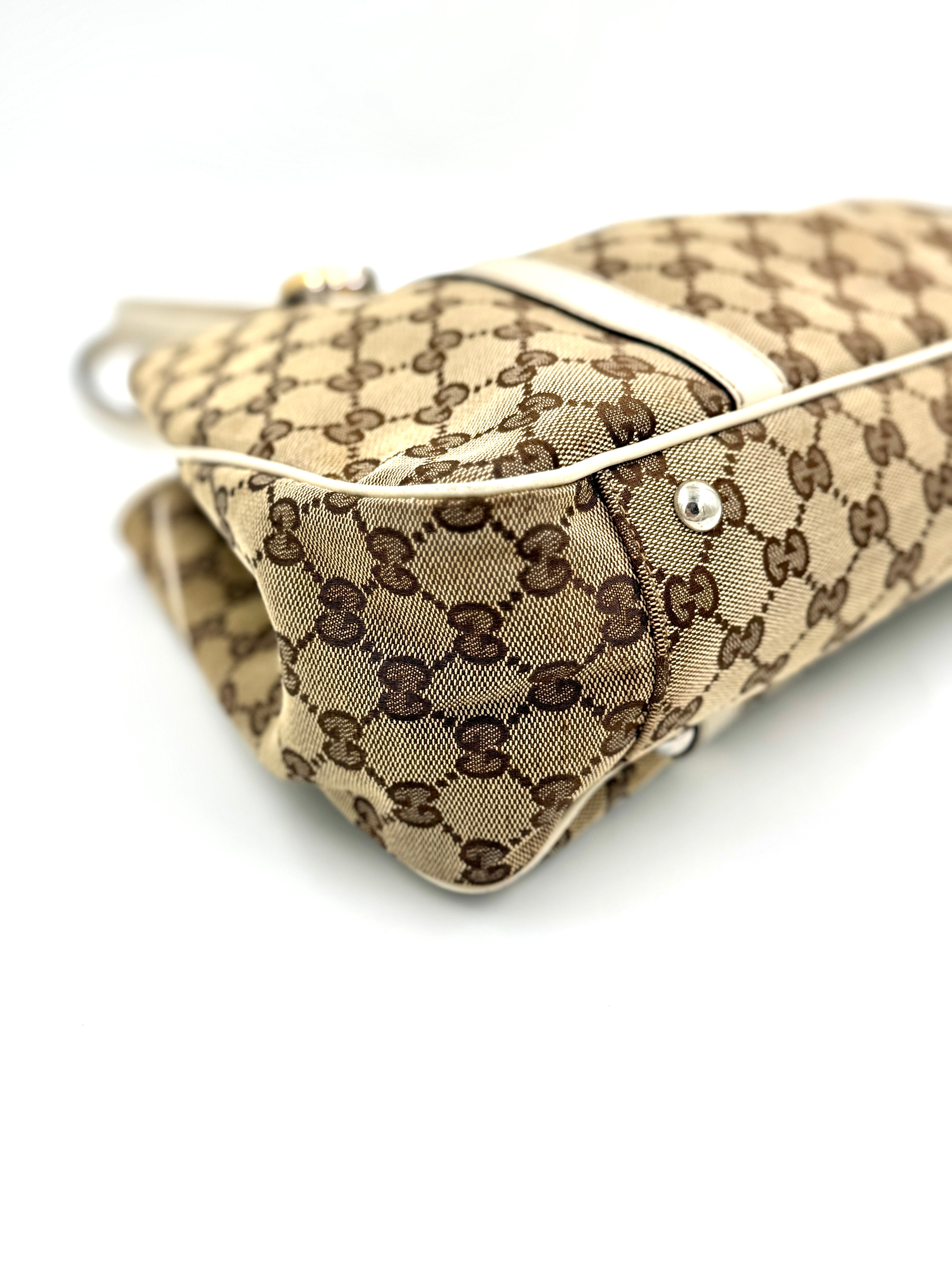 Pre-Owned Gucci GG Canvas Twins Tote White Leather Trim Gold-tone and Silver-tone Interlocking G Logos - Authenticated