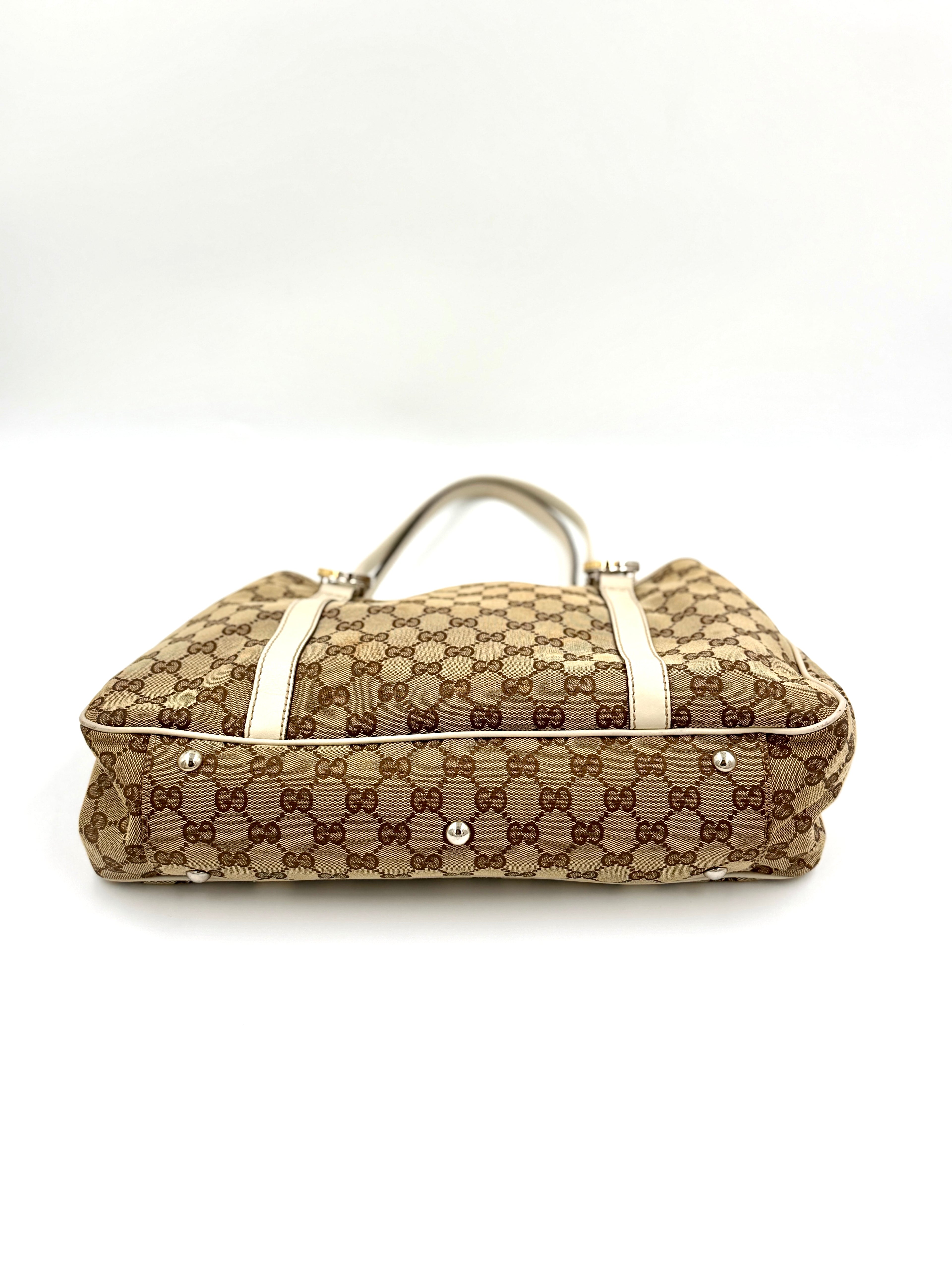 Pre-Owned Gucci GG Canvas Twins Tote White Leather Trim Gold-tone and Silver-tone Interlocking G Logos - Authenticated