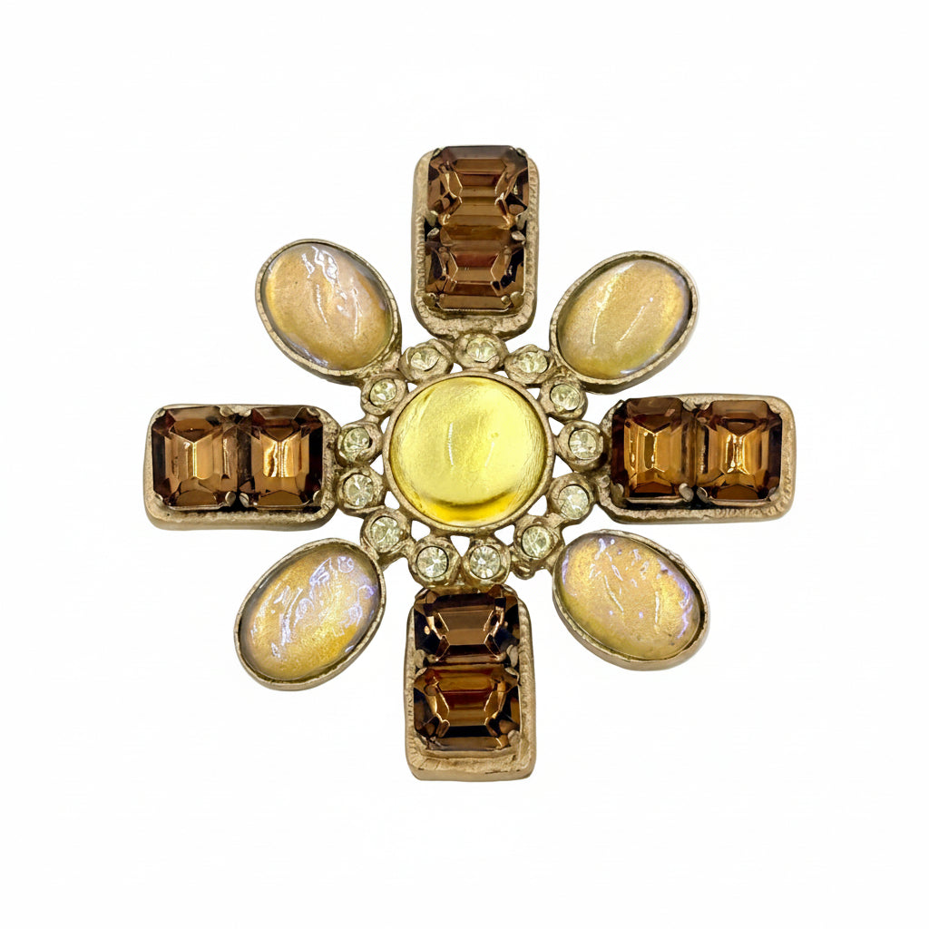 Pre-Owned Chanel Glass Cabochon Gold Brown Yellow Bronze Brooch - Authenticated