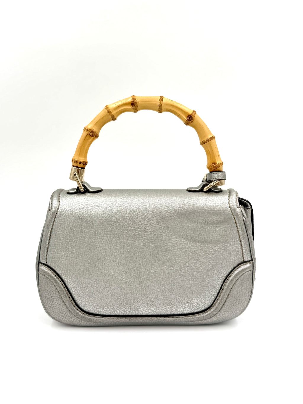 Pre-Owned Gucci Bamboo Handle Bag Hand Bag Leather Silver With Tassels and Compact Mirror - Authenticated