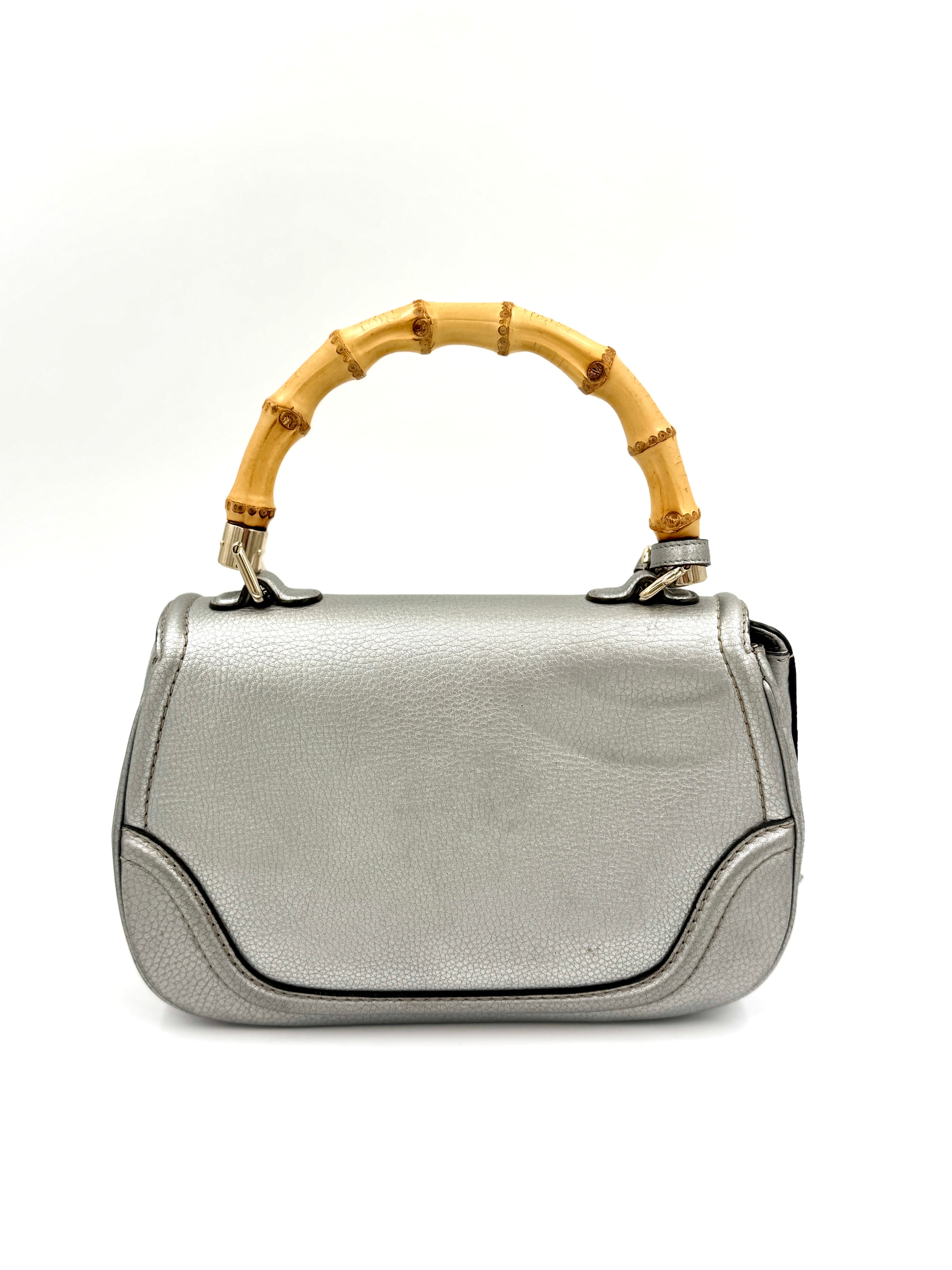 Pre-Owned Gucci Bamboo Handle Bag Hand Bag Leather Silver With Tassels and Compact Mirror - Authenticated