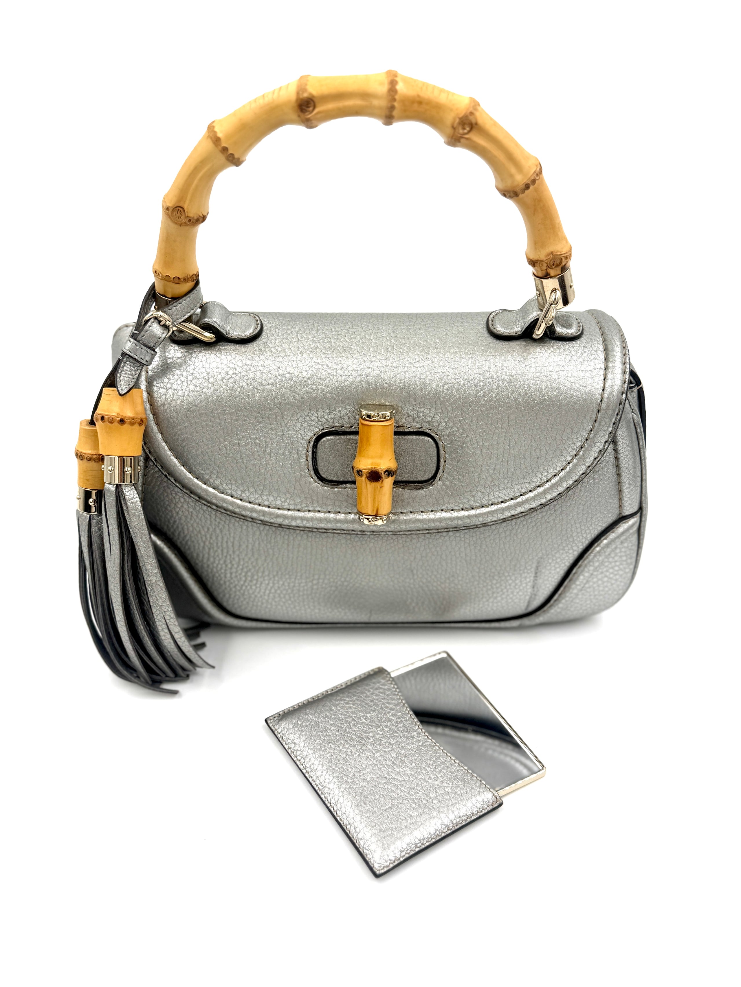 Pre-Owned Gucci Bamboo Handle Bag Hand Bag Leather Silver With Tassels and Compact Mirror - Authenticated