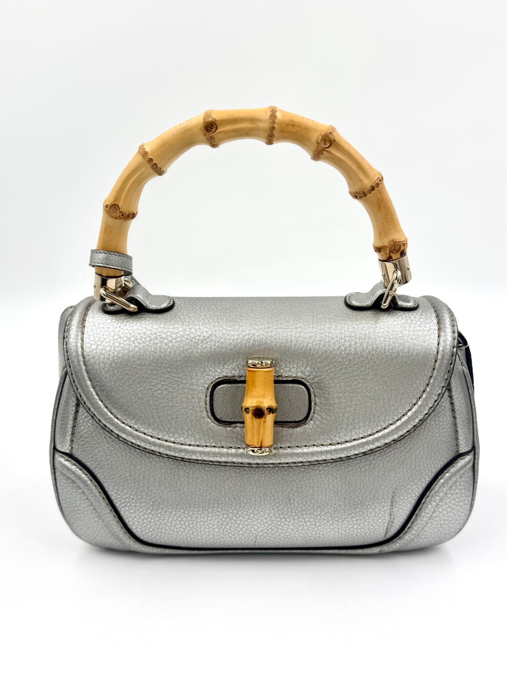 Pre-Owned Gucci Bamboo Handle Bag Hand Bag Leather Silver With Tassels and Compact Mirror - Authenticated