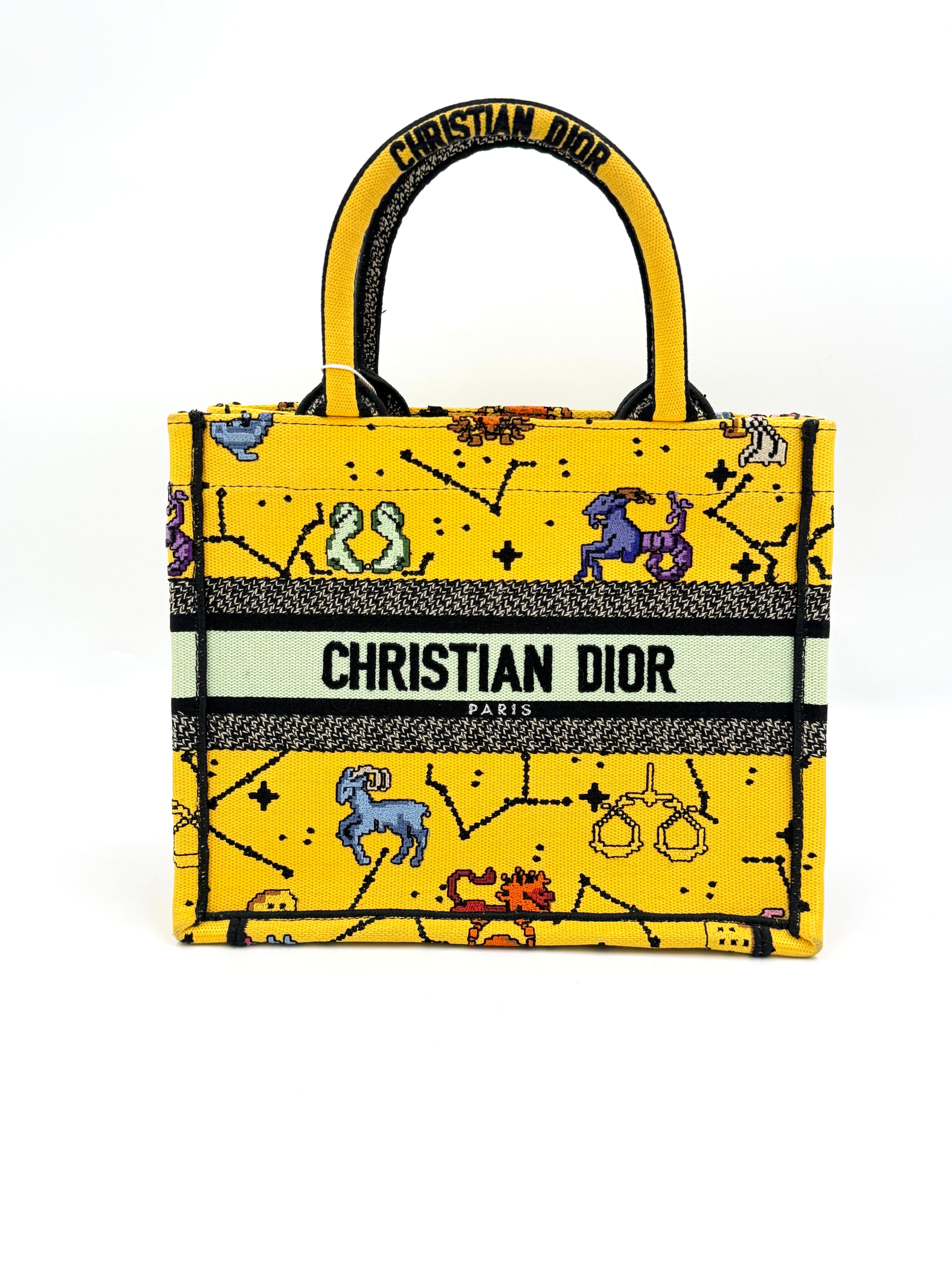 Pre-owned Christian Dior Small Canvas Embroidered Pixel Zodiac Book Tote - Authenticated