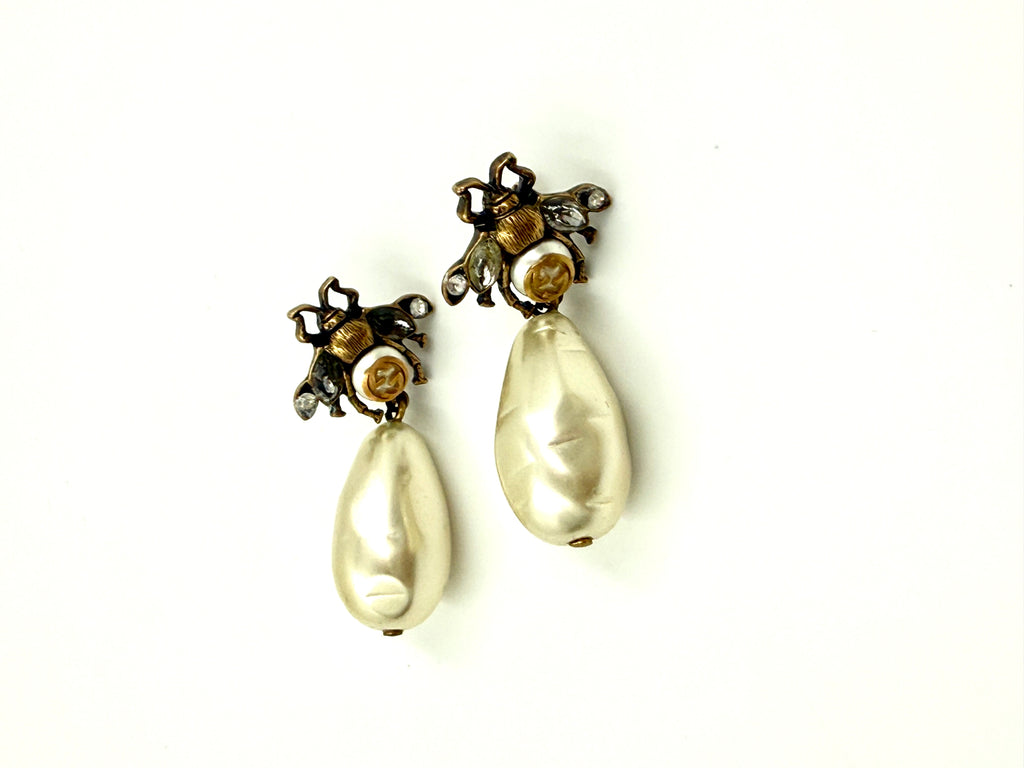 Pre-Owned Gucci Bee and Faux Pearl Drops Pierced Earrings - Authenticated