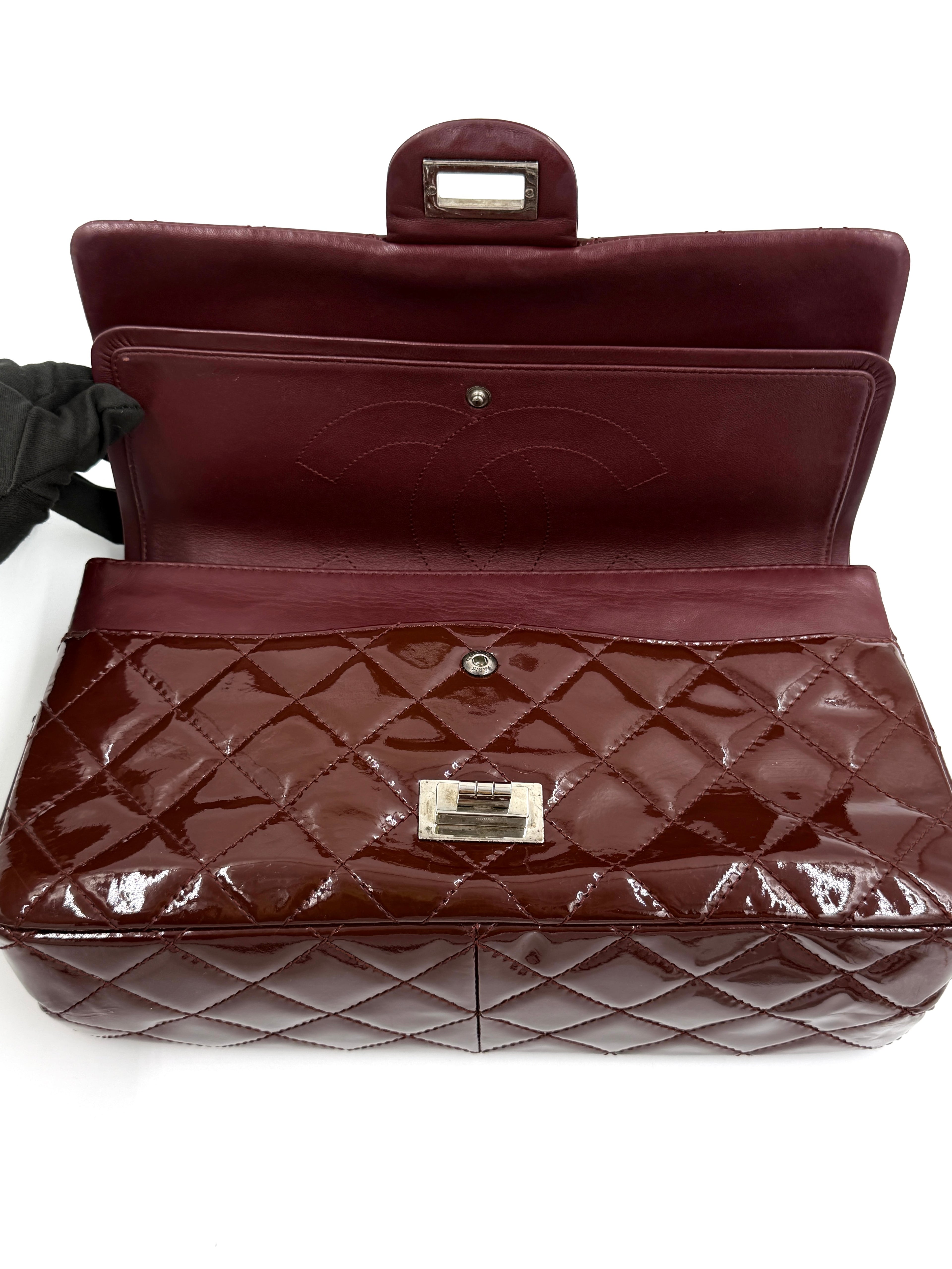 Pre-Owned Chanel  Burgundy 2.55 Maxi Patent Leather Double Flap - Authenticated
