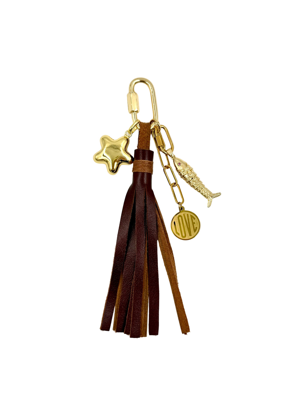 Hawley Studio Leather Tassel Bag Charm with Star, Fish and Love Charms