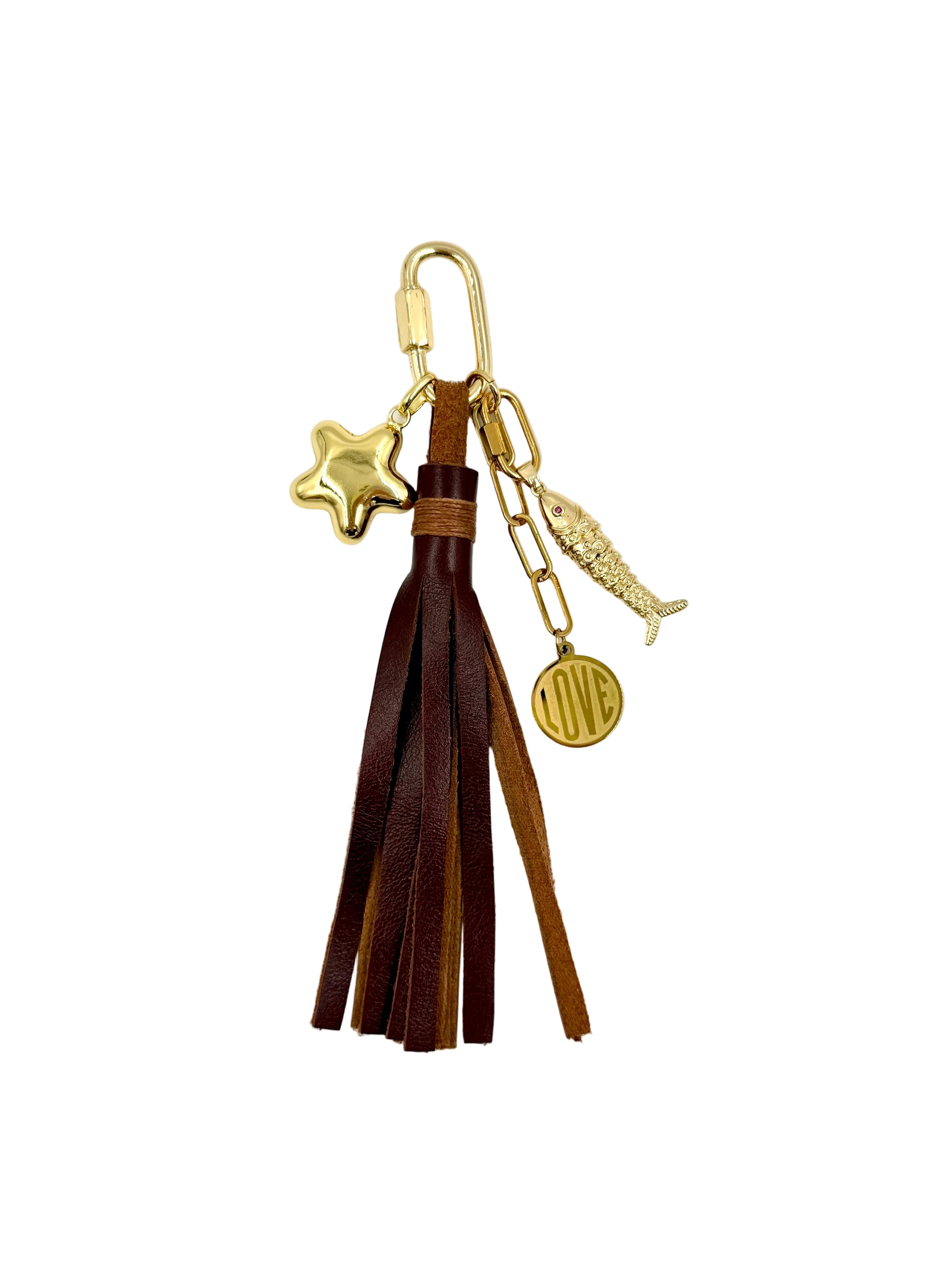 Hawley Studio Leather Tassel Bag Charm with Star, Fish and Love Charms