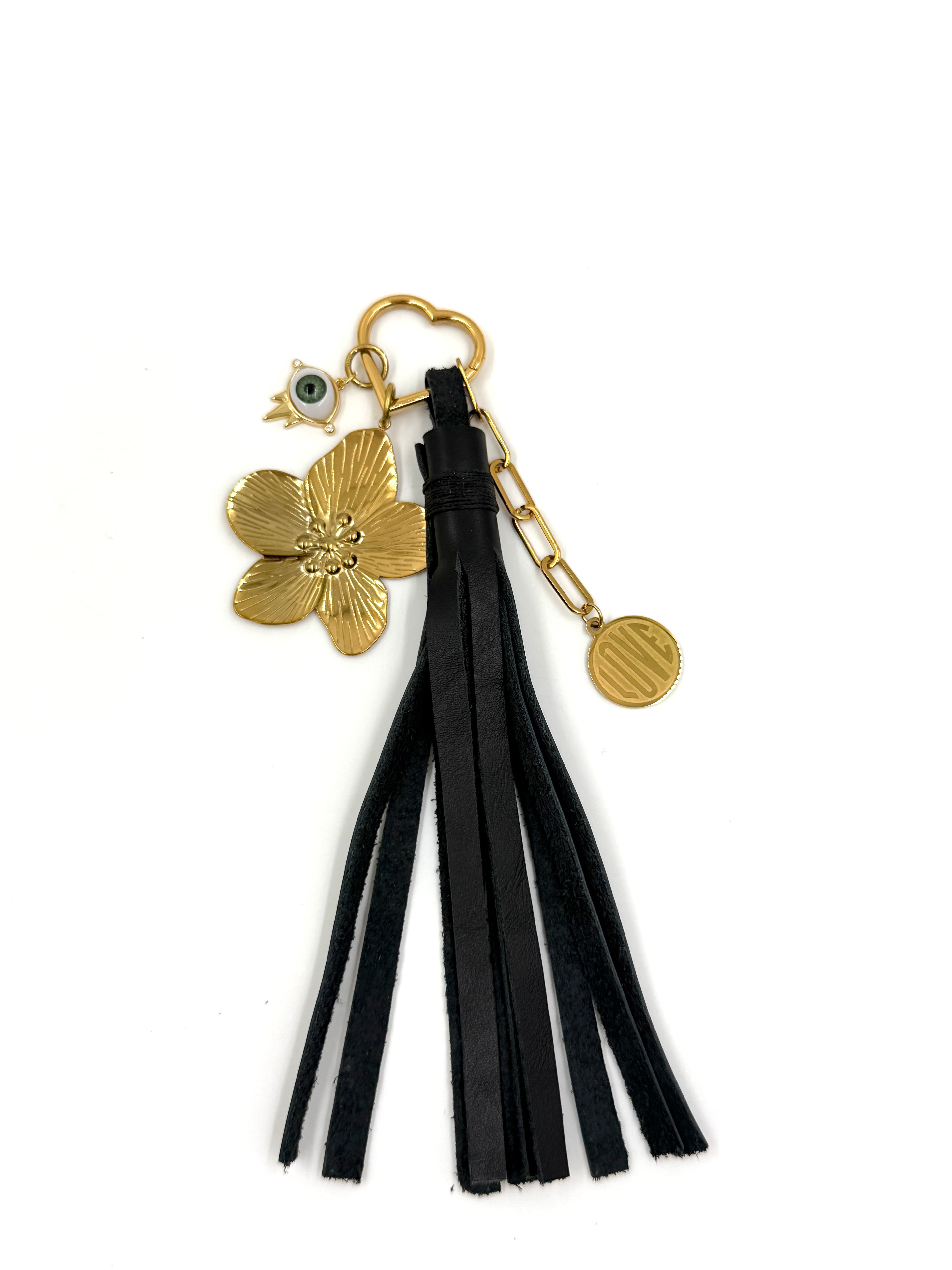 Hawley Studio Black Leather Tassel Bag Charm with Charms