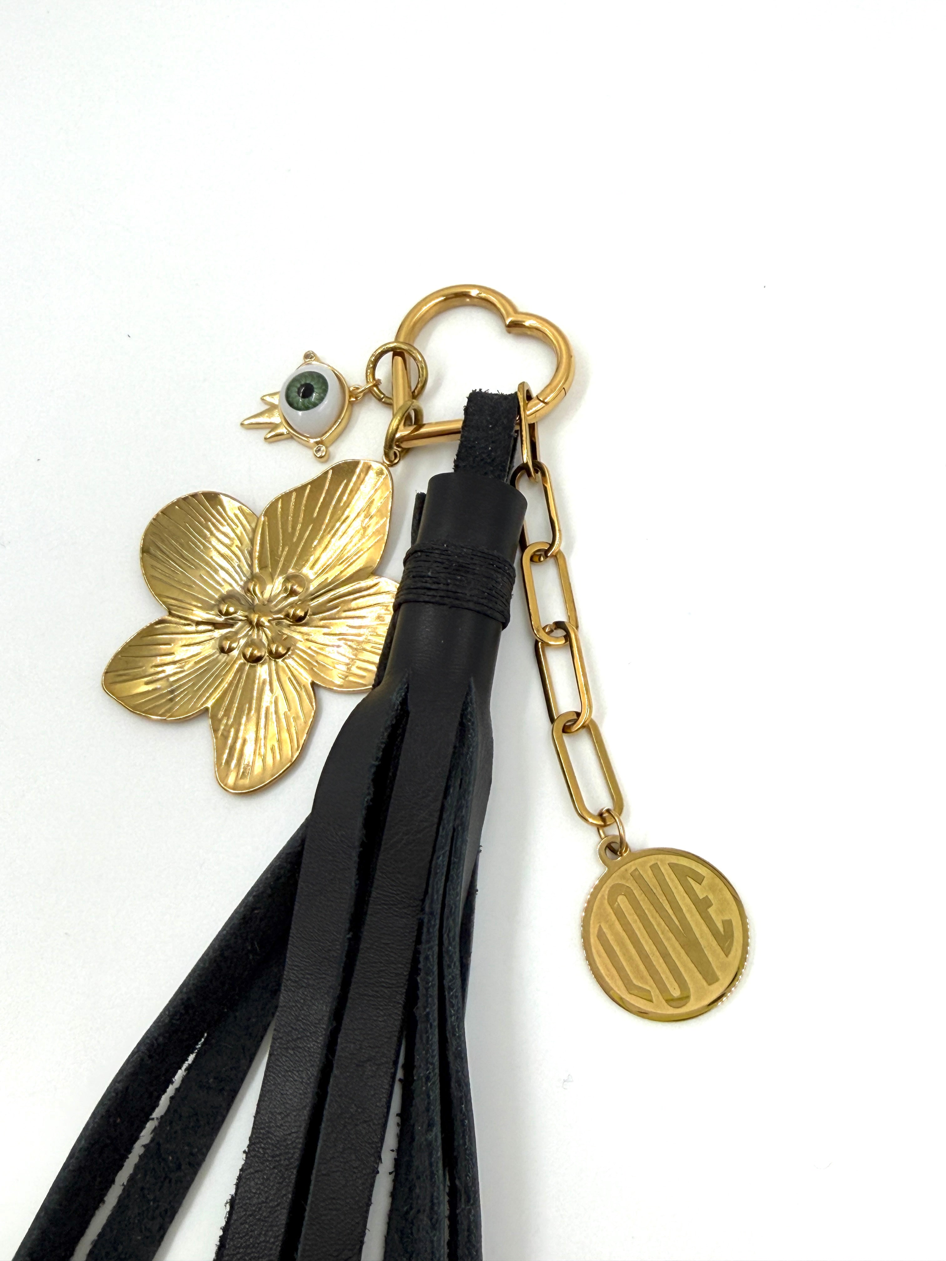 Hawley Studio Black Leather Tassel Bag Charm with Charms