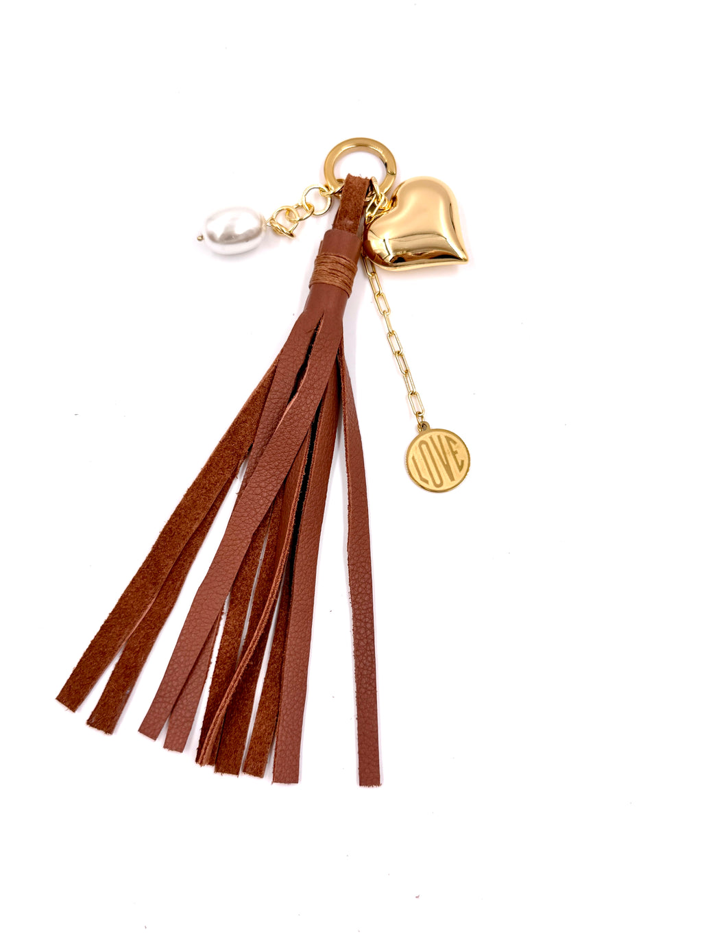 Hawley Studio Leather Tassel Bag Charm with Charms - Pearl, Love Medallion, Puffy Heart - Authenticated
