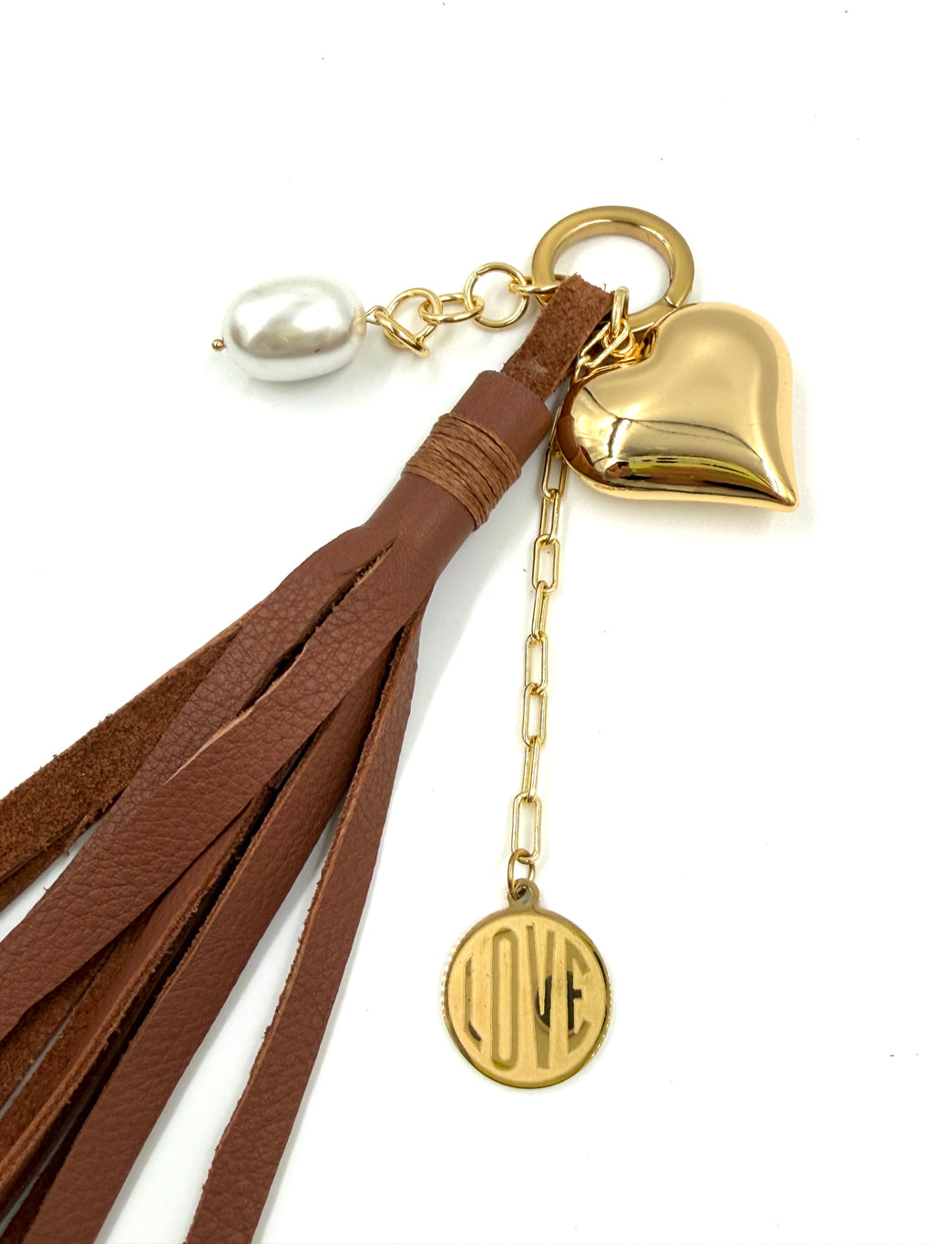 Hawley Studio Leather Tassel Bag Charm with Charms - Pearl, Love Medallion, Puffy Heart - Authenticated