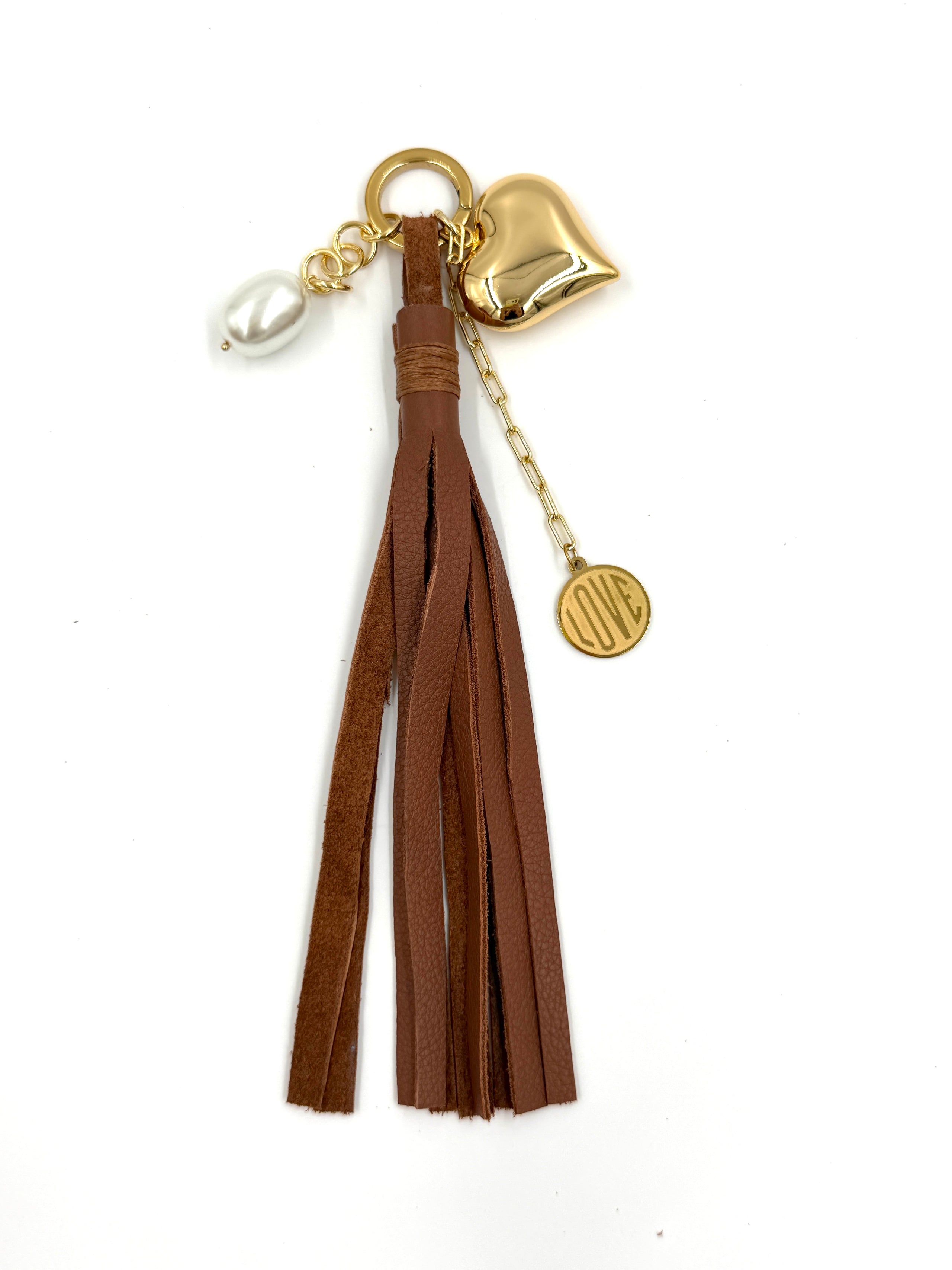 Hawley Studio Leather Tassel Bag Charm with Charms - Pearl, Love Medallion, Puffy Heart - Authenticated