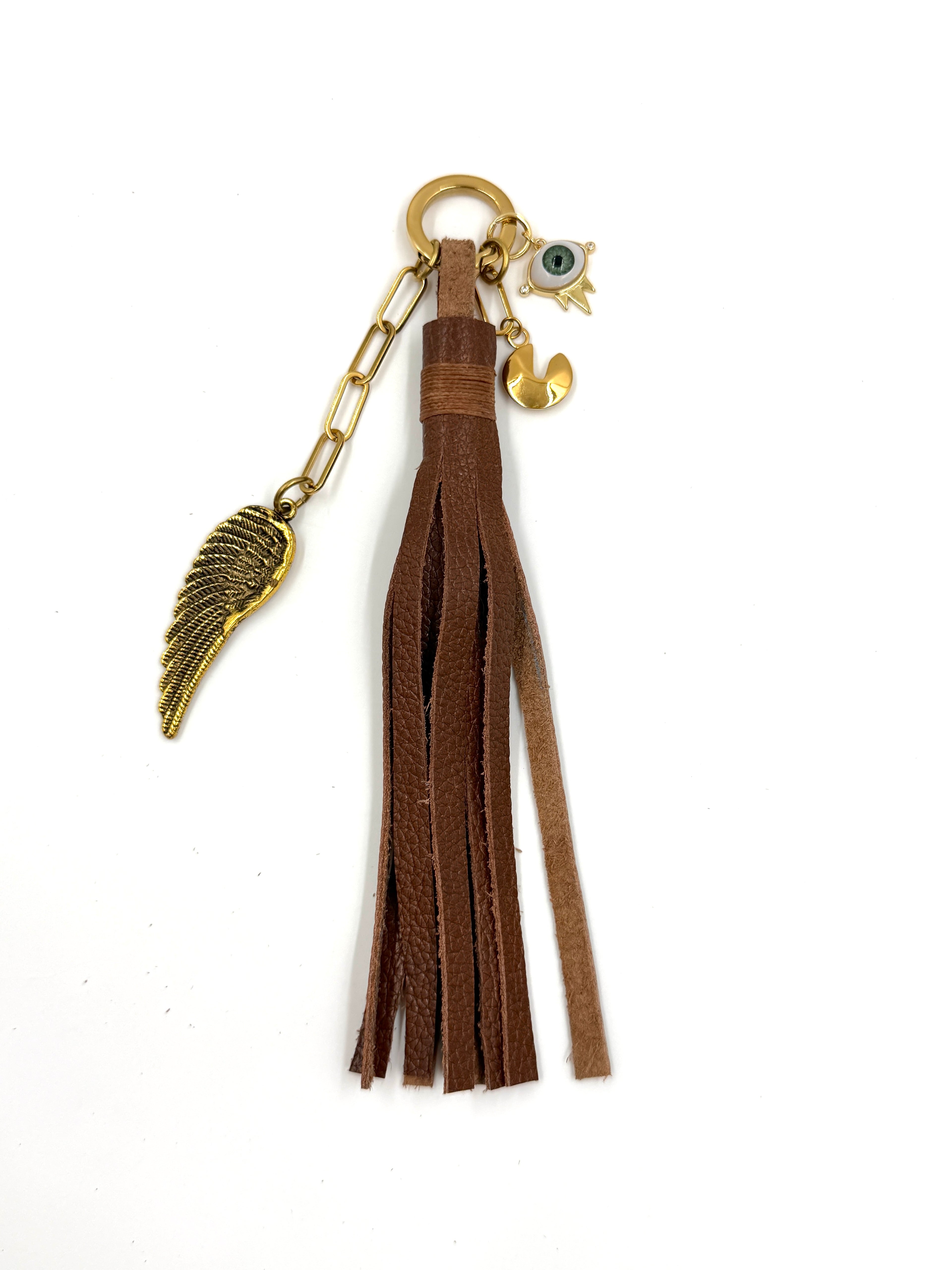 Hawley Studio Leather Tassel Bag Charm with Charms - Angel Wing