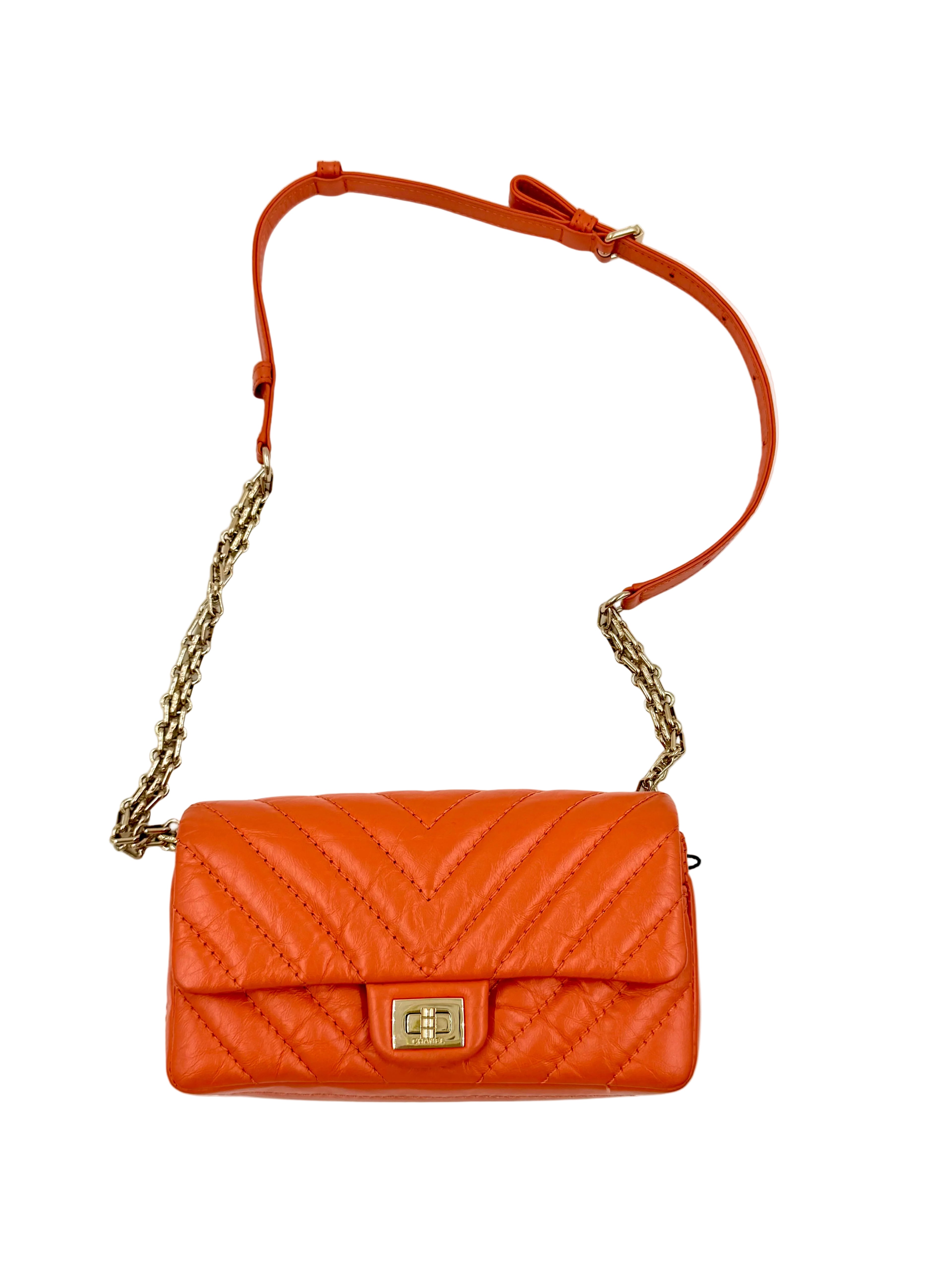 Pre-owned Chanel 2.55 Reissue Mini Flap Bag in Orange Crinkled Calfskin - Authenticated