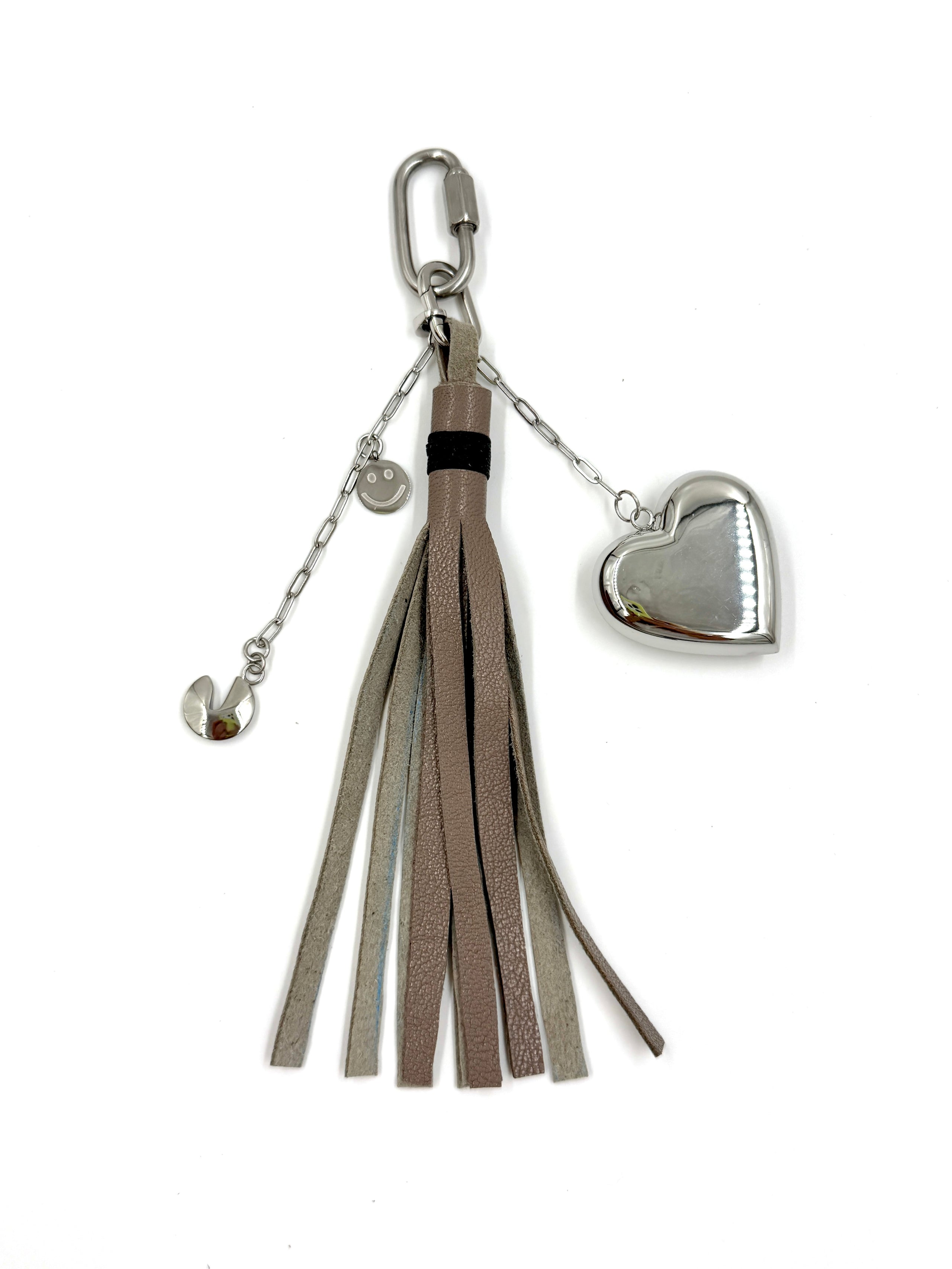 Hawley Studio Taupe Leather Tassel Bag Charm with Silver Charms