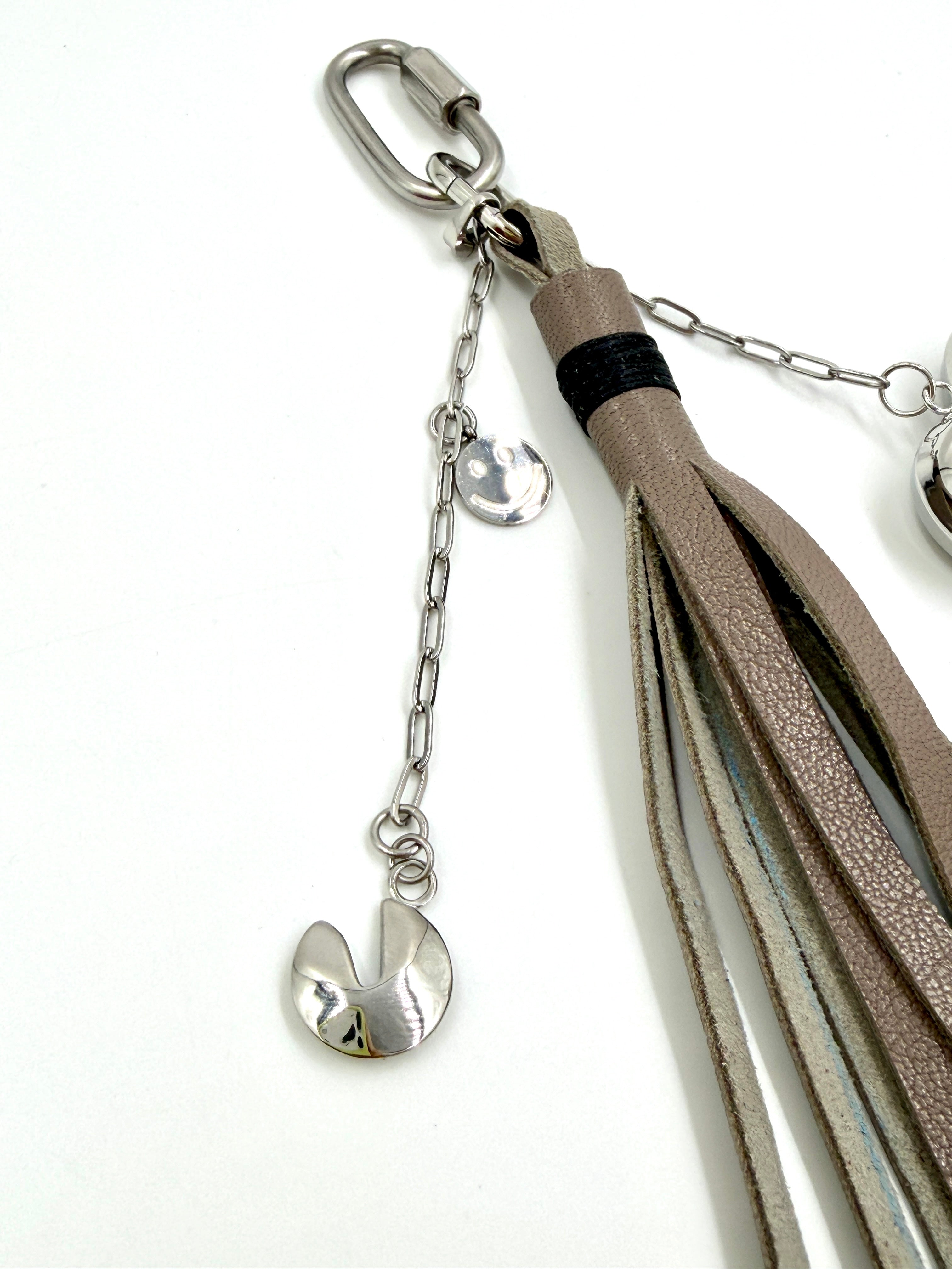 Hawley Studio Taupe Leather Tassel Bag Charm with Silver Charms